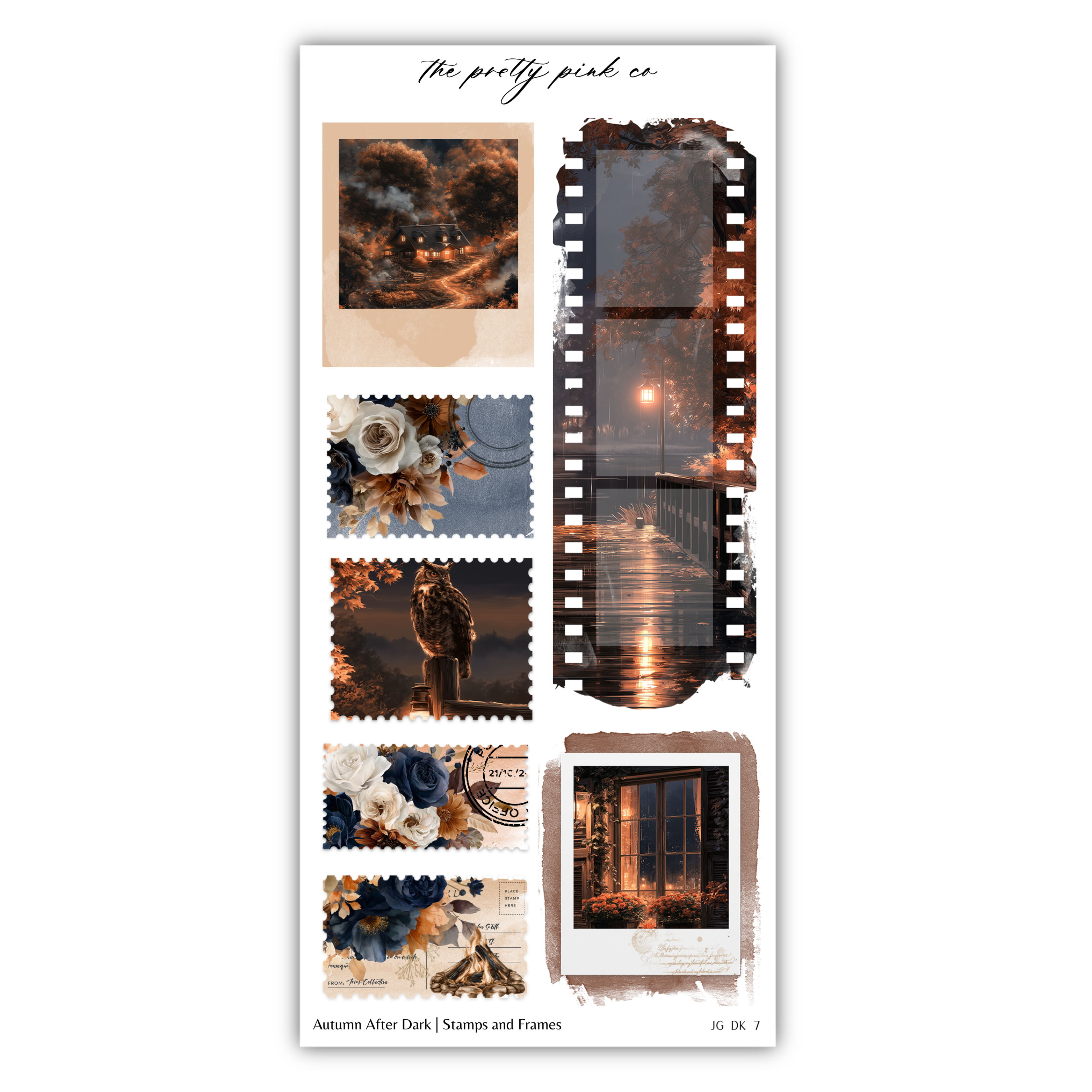 The image is a collage of various autumn-themed photographs, including a sunset, a person walking, and floral images. The collage is titled "Autumn After Dark - Stamps and Frames" and includes a variety of autumn-related elements such as leaves, flowers, and a sunset.