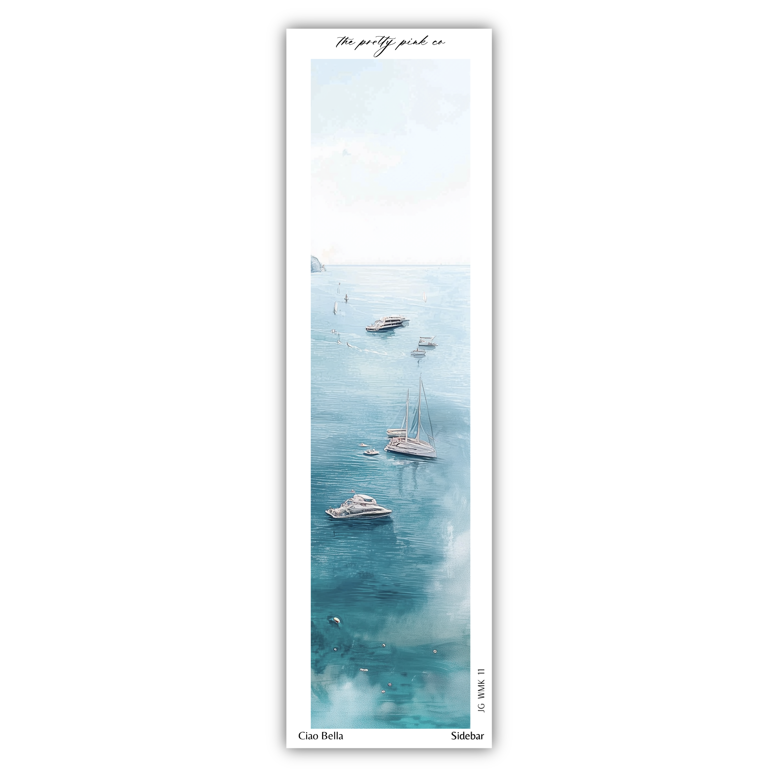 a serene scene of boats floating on a calm body of water, with a hazy blue sky above.