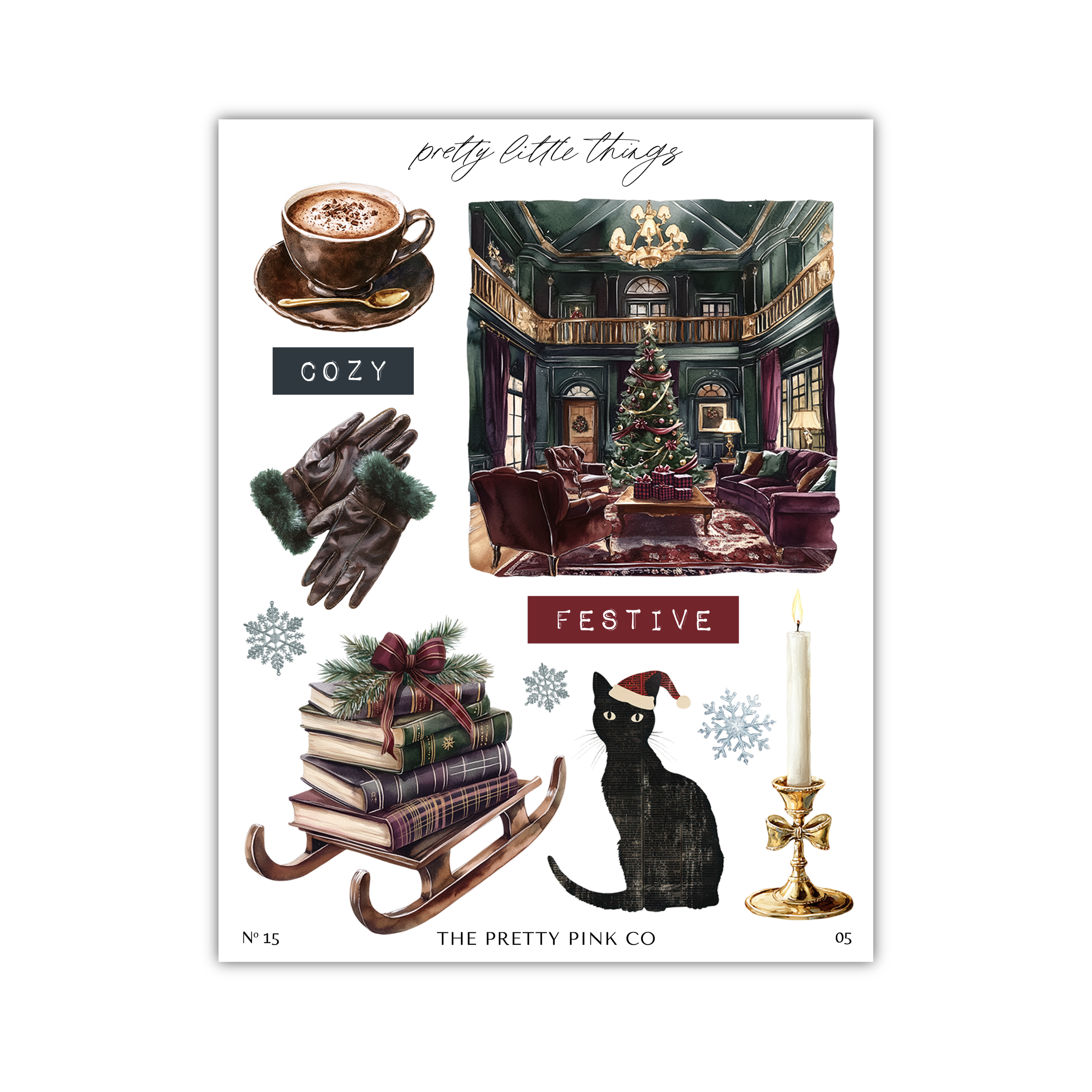 The image is a collage of various holiday-themed items, including a cup of coffee, a Christmas tree, a stack of books, a pair of gloves, a black cat, a candle, and a sled.