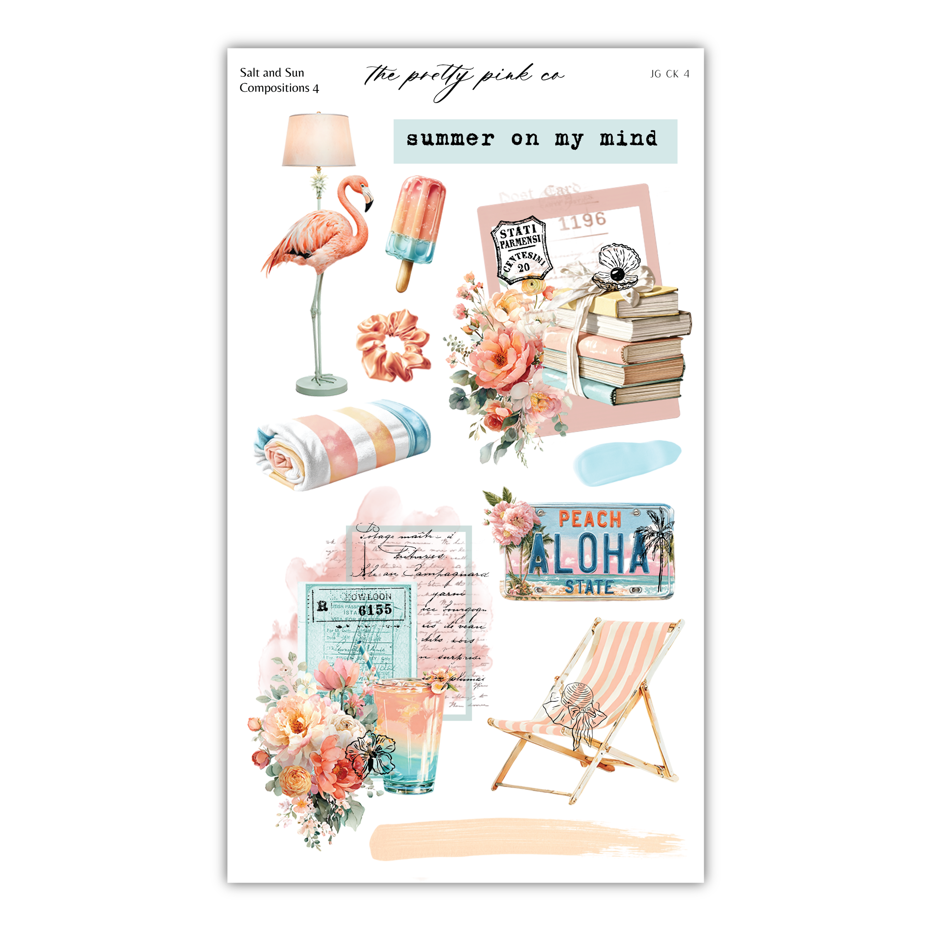 The image is a collage of various summer-themed items, including a pink flamingo, a beach chair, a lamp, a book, and a flower arrangement.