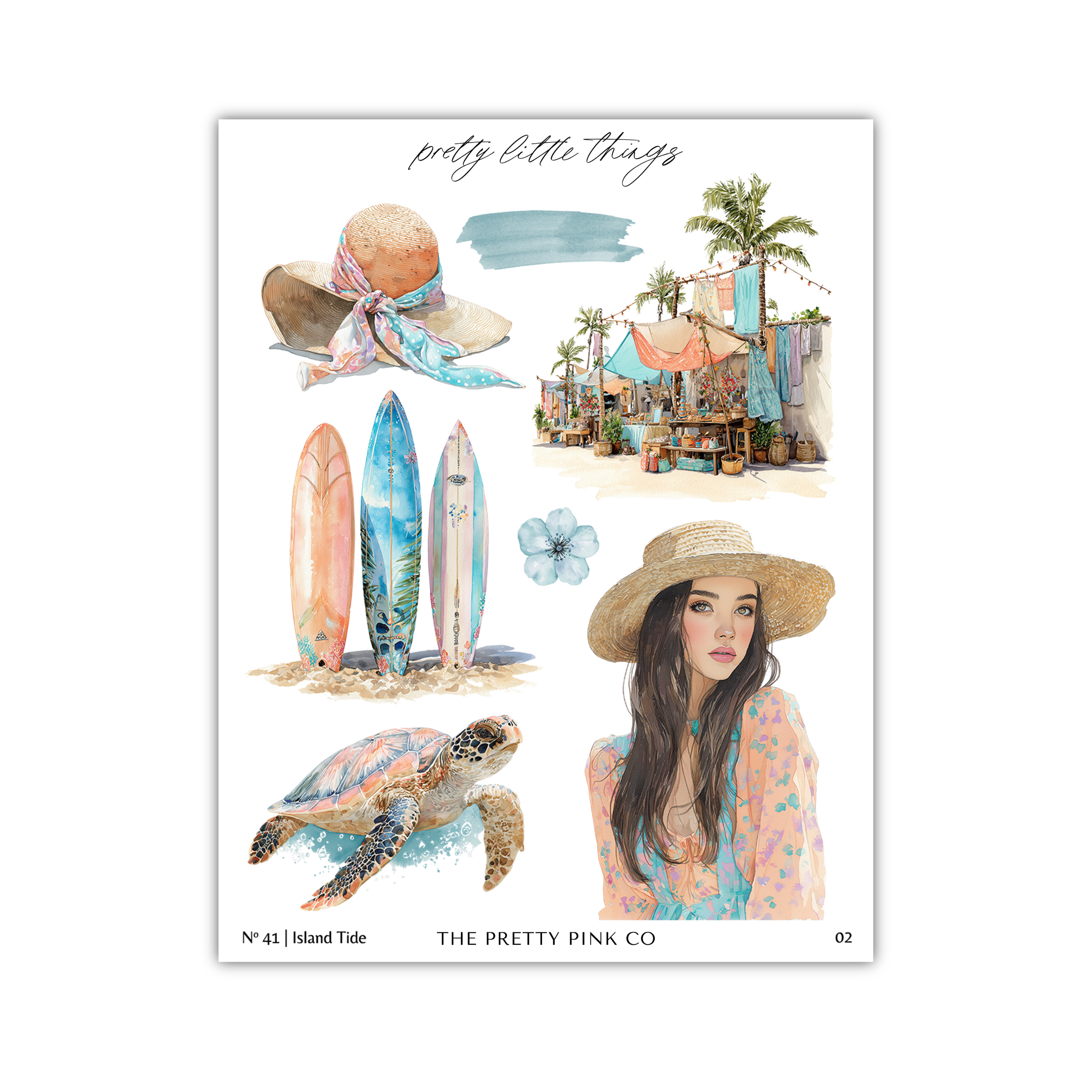 The image is a collage of various beach-related items and a woman in a straw hat, including a hat, surfboards, a turtle, and a woman.