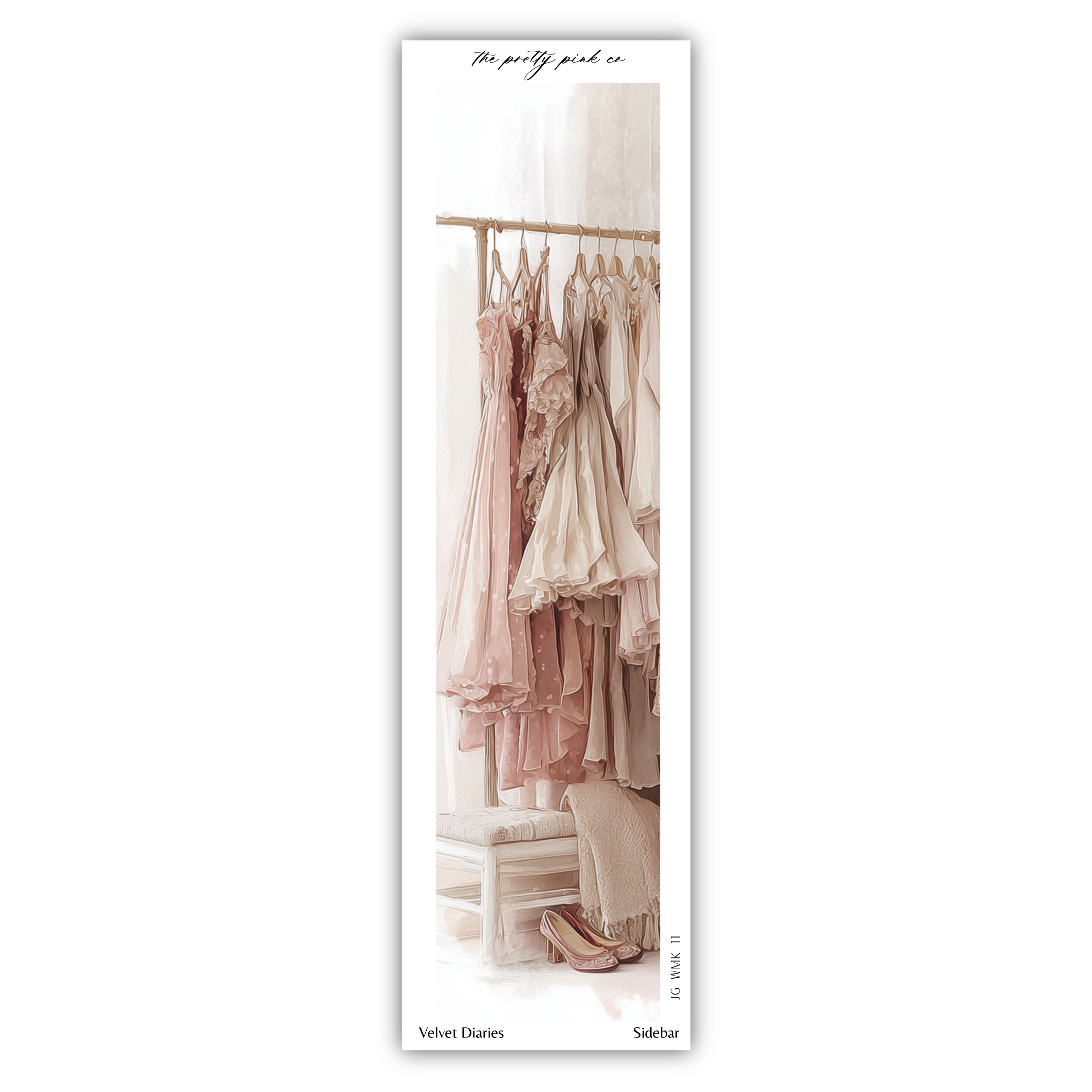 A collection of dresses hanging on a rack, with a pair of shoes placed on the floor in front of the rack.