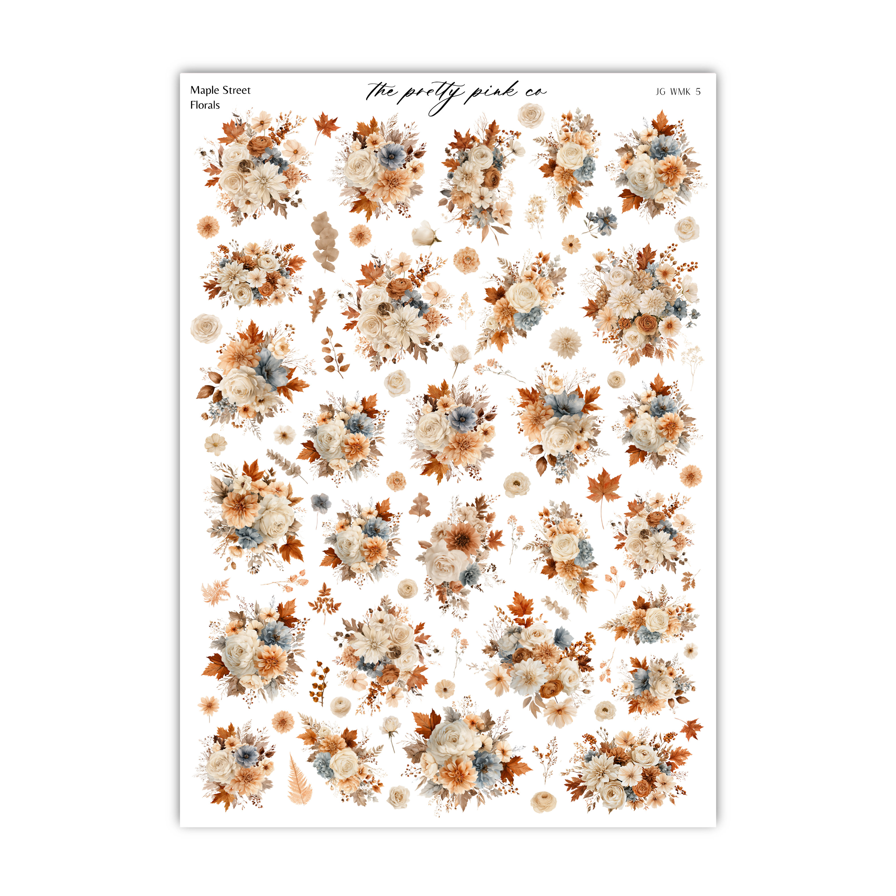 a collection of floral designs, including various types of flowers and leaves, arranged in a grid-like pattern. The designs feature a mix of colors, including shades of orange, beige, and brown, creating a visually appealing and harmonious composition.