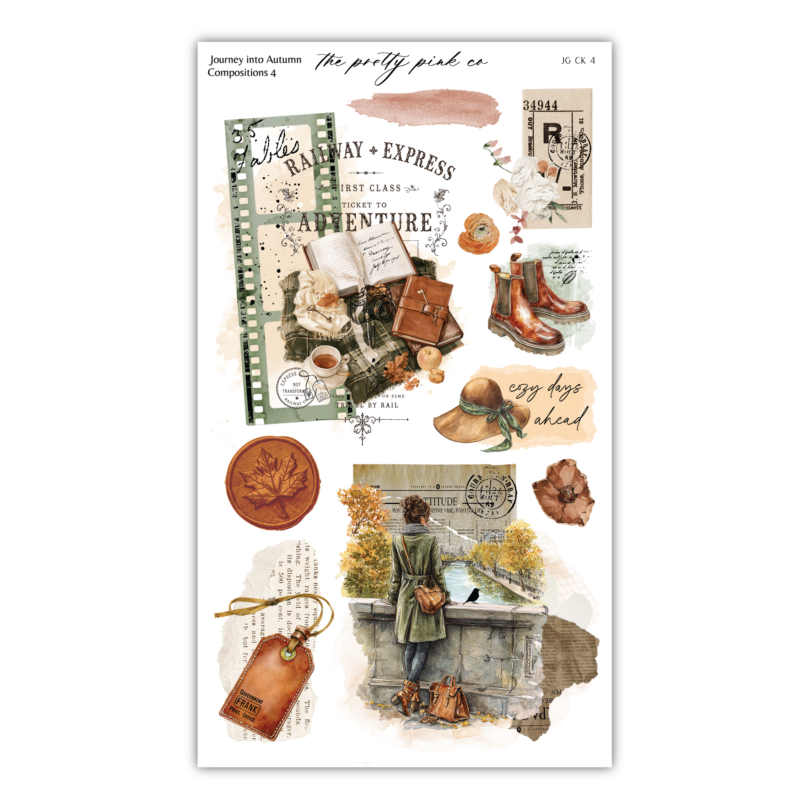 The image is a collage of various autumn-themed elements, including a person in a coat, a pair of boots, a book, a suitcase, and other autumn-related items. The collage is titled "Journey into Autumn" and includes the text "The pink co" and "Compositions 4".
