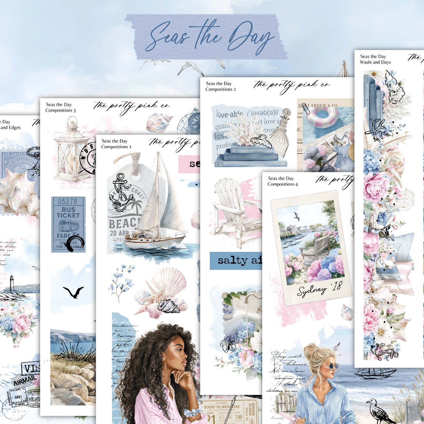a collage of postcards with a woman sitting on a bench