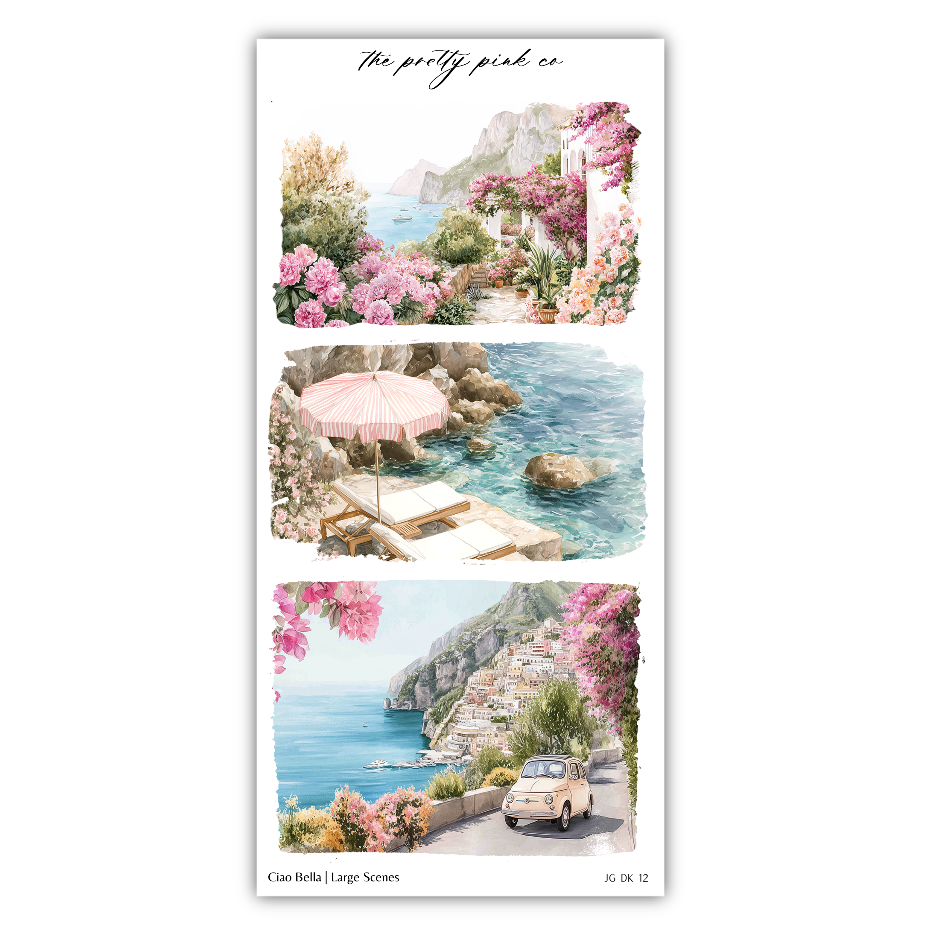 The image is a collage of three pictures depicting various scenic landscapes, including a beach, a mountain, and a coastal town with pink flowers.