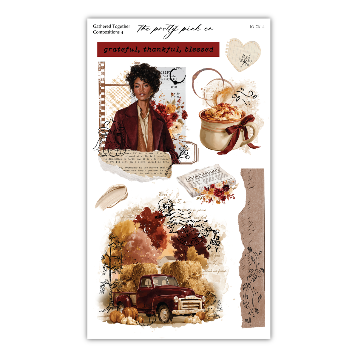 The image is a collage of various autumn-themed elements, including a woman, a truck, pumpkins, and a heart. The collage is titled "The pretty pink co" and includes a caption that reads "grateful, thankful, blessed".