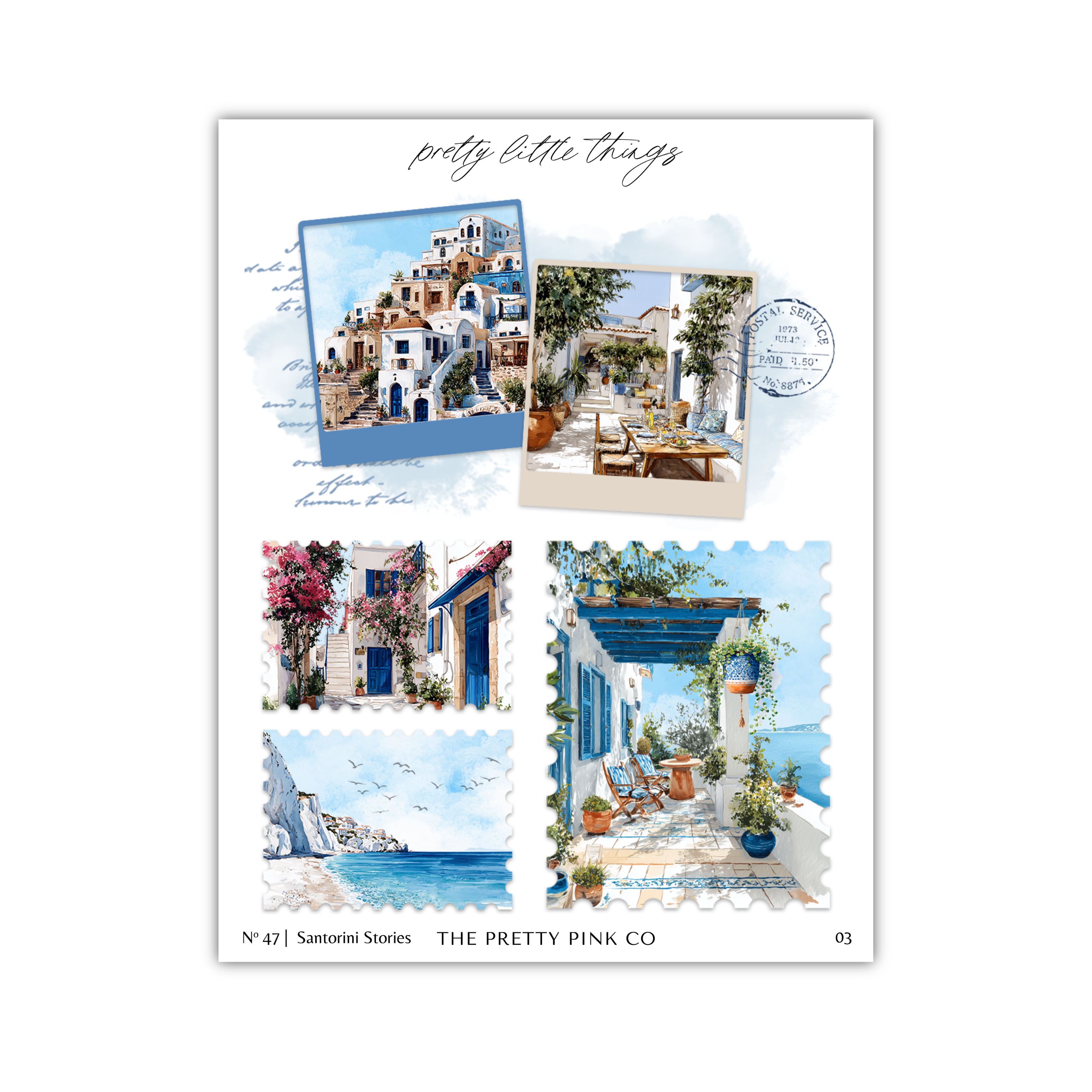 The image is a collage of four pictures depicting various scenes, including a coastal town, a seaside cafe, a beach, and a mountainous landscape.