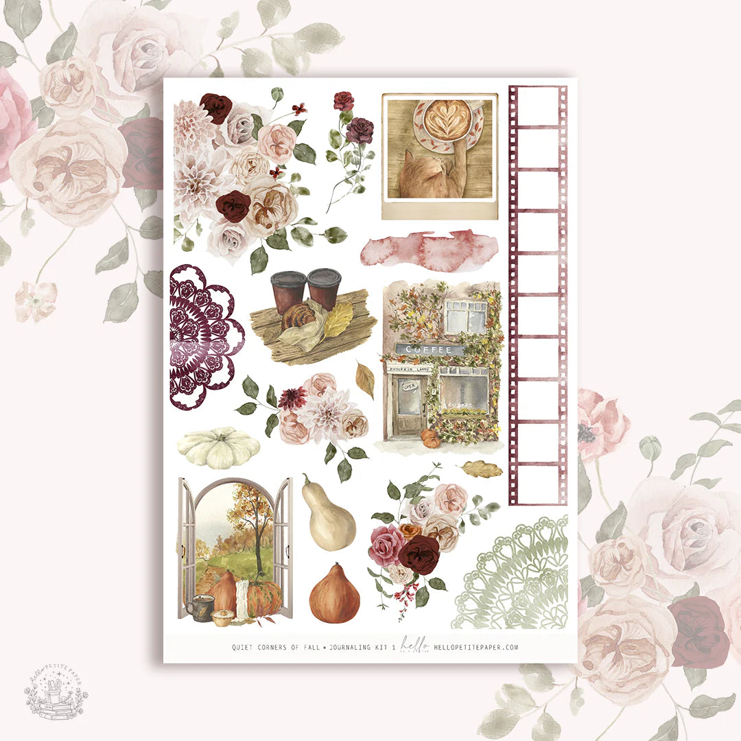The image is a collage of various autumn-themed elements, including flowers, pumpkins, a ladder, and a house.