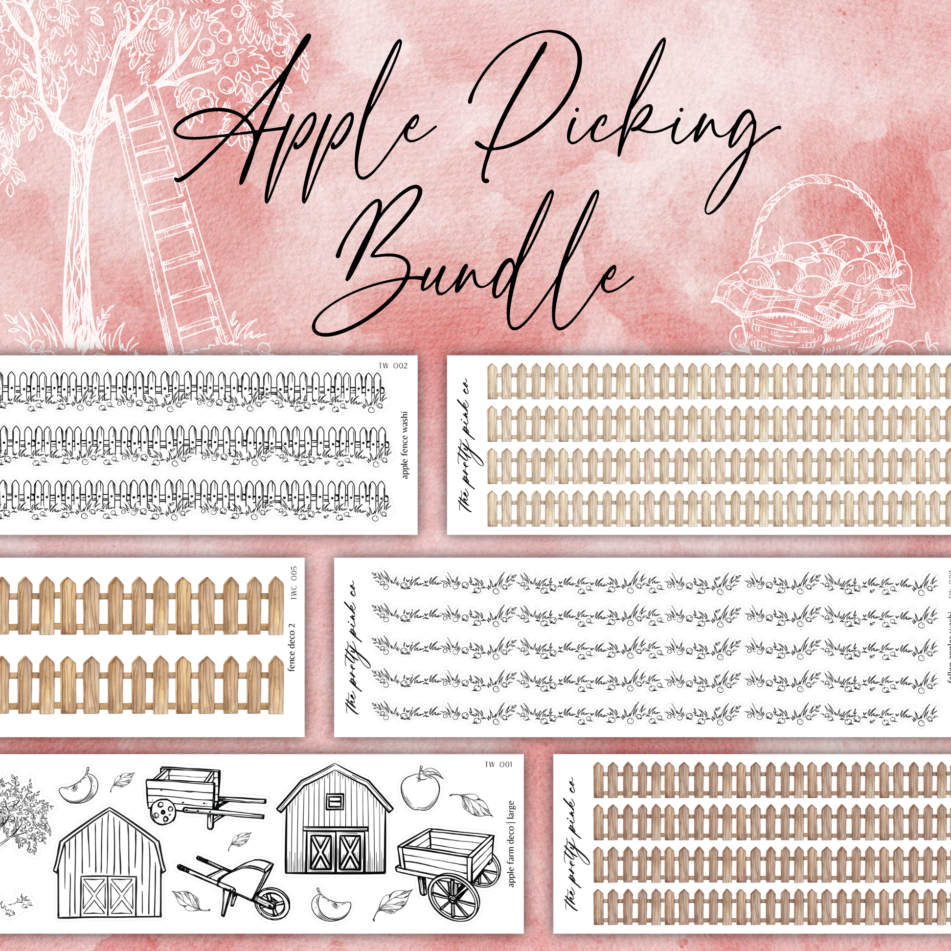 the apple picking bundle is shown with a pink background