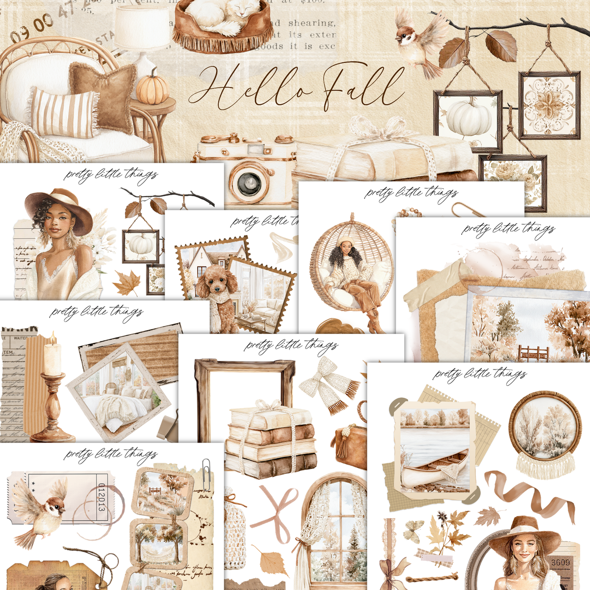 The image is a collage of various fall-themed elements, including a woman in a hat, a pumpkin, a basket, a chair, and other decorative items. The collage is titled "Hello Fall" and includes text that describes the elements in the image.