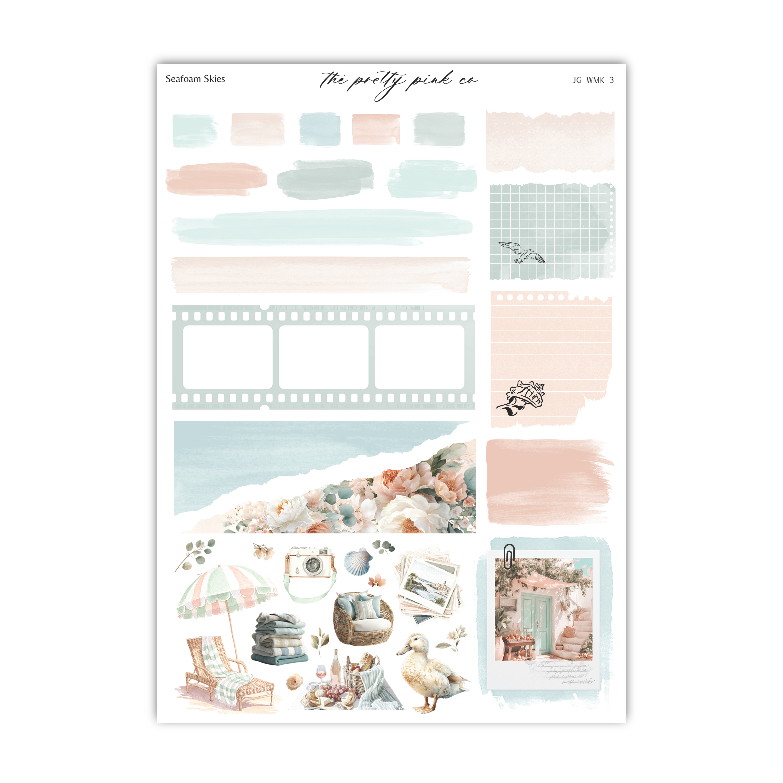 The image is a collection of various decorative elements and illustrations, including a beach scene, a collage of different shapes and patterns, and a photograph of a person.