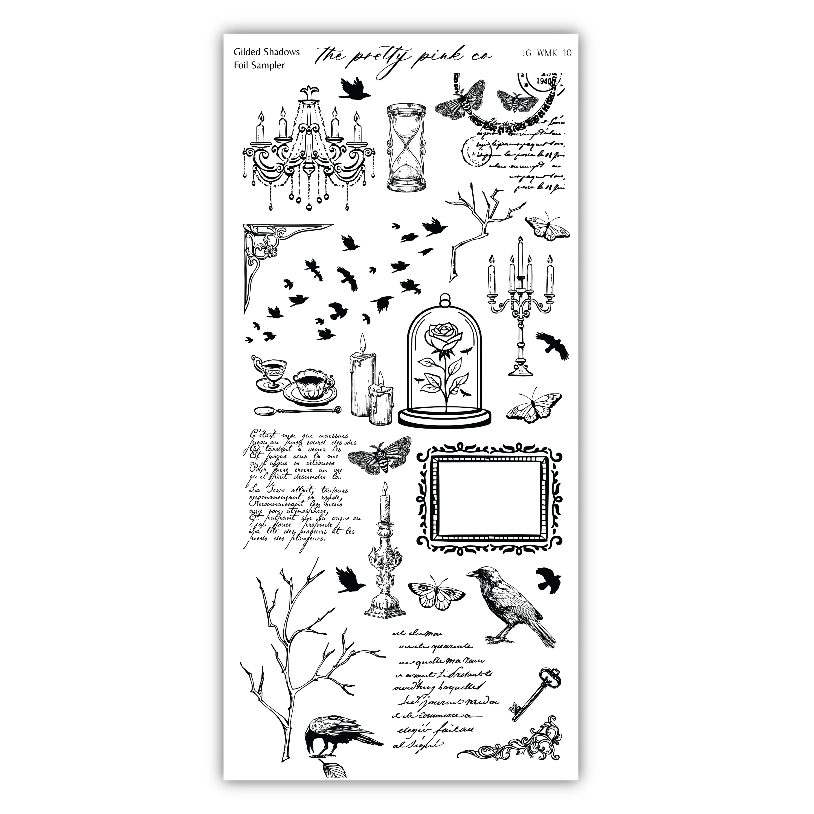 various black and white illustrations and text elements, including a chandelier, candles, a rose, a clock, a bird, and other decorative and symbolic objects. The text appears to be a collection of phrases and descriptions related to the images, but it is not possible to provide a detailed analysis of each word or phrase without more specific information.