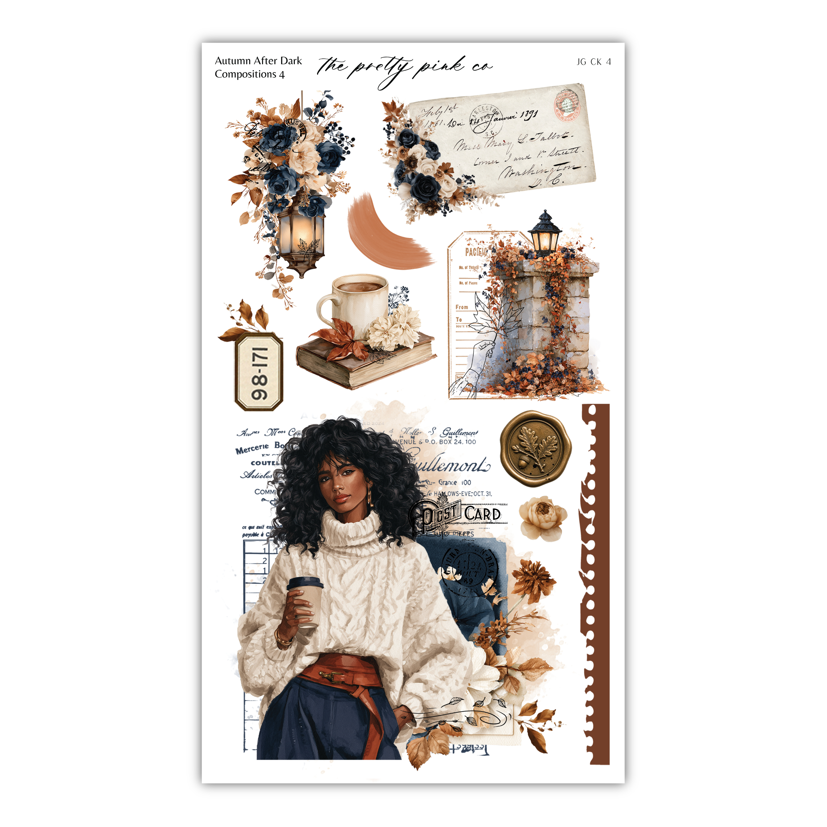 The image is a collage of various autumn-themed elements, including a woman in a white sweater, floral decorations, a teapot, and a lantern. The collage also includes a note, a card, and a postcard, all of which are part of the autumn-themed composition.