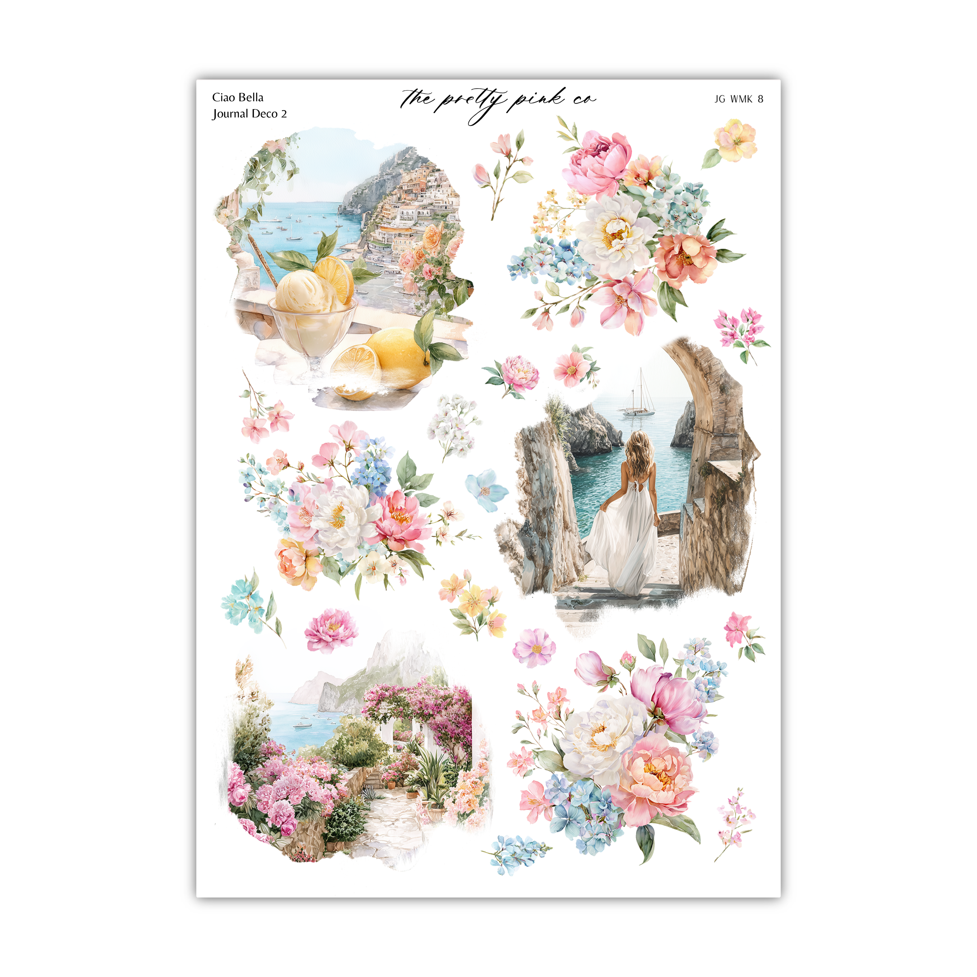 The image is a collage of various floral and landscape scenes, including a woman in a white dress, a seaside view, and a garden.