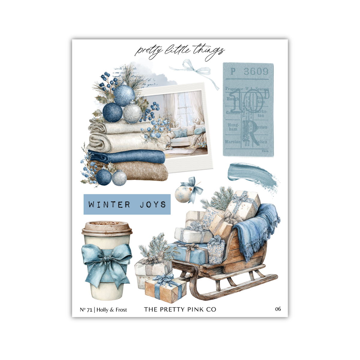 The image is a collage of various winter-themed items, including a stack of towels, a sled with presents, a coffee cup with a bow, and a window with a view. The collage is titled "Winter Joys" and includes text such as " pretty little things" and "The pretty pink co".