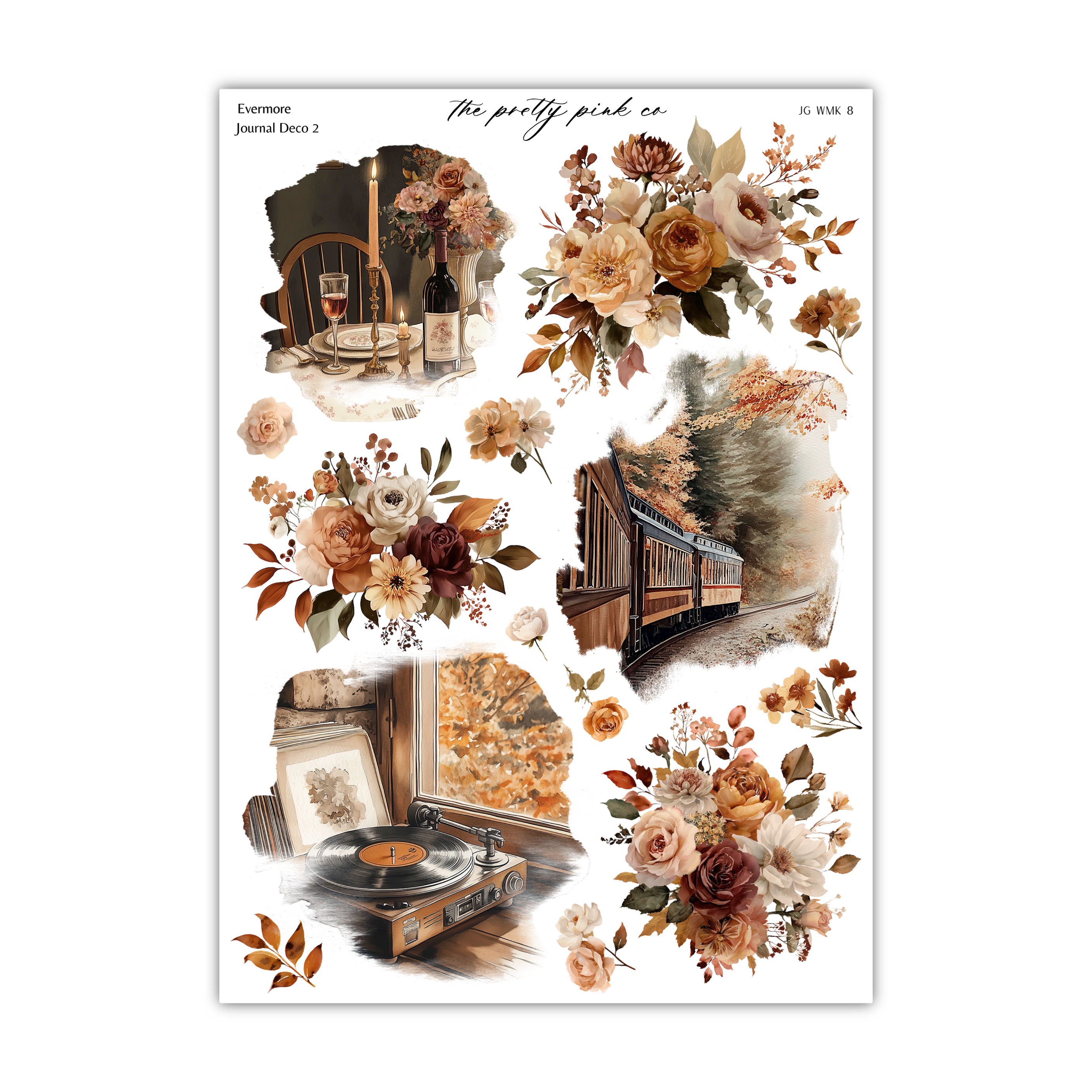 The image is a collage of various autumn-themed images, including floral arrangements, a train, a record player, and a window.