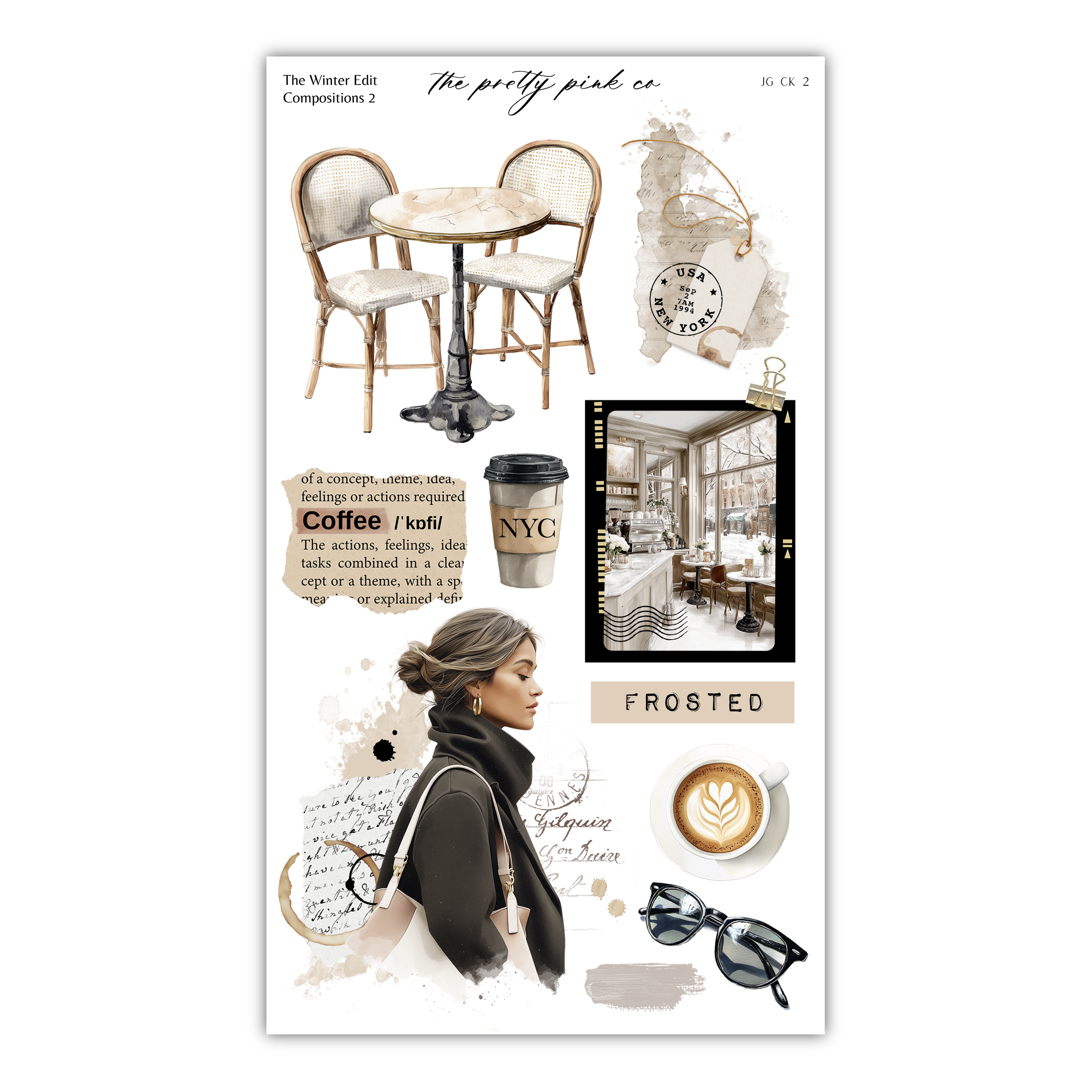 The image is a collage of various elements related to coffee, including a table, chairs, a woman, a cup of coffee, and other coffee-related items.