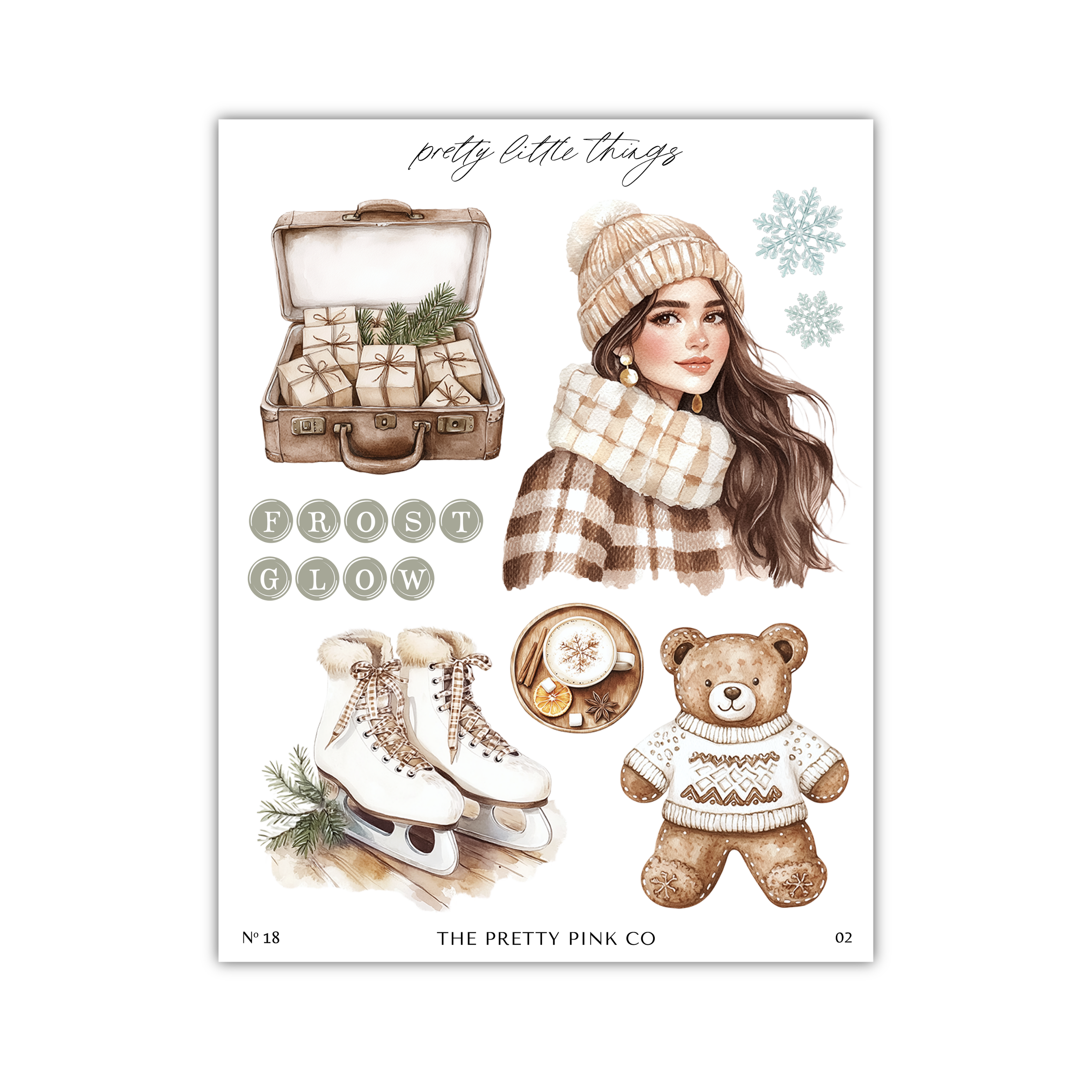 The image is a collage of various winter-themed items, including a suitcase, a woman in a hat and scarf, a pair of white skis, a teddy bear, and a cup of hot chocolate.