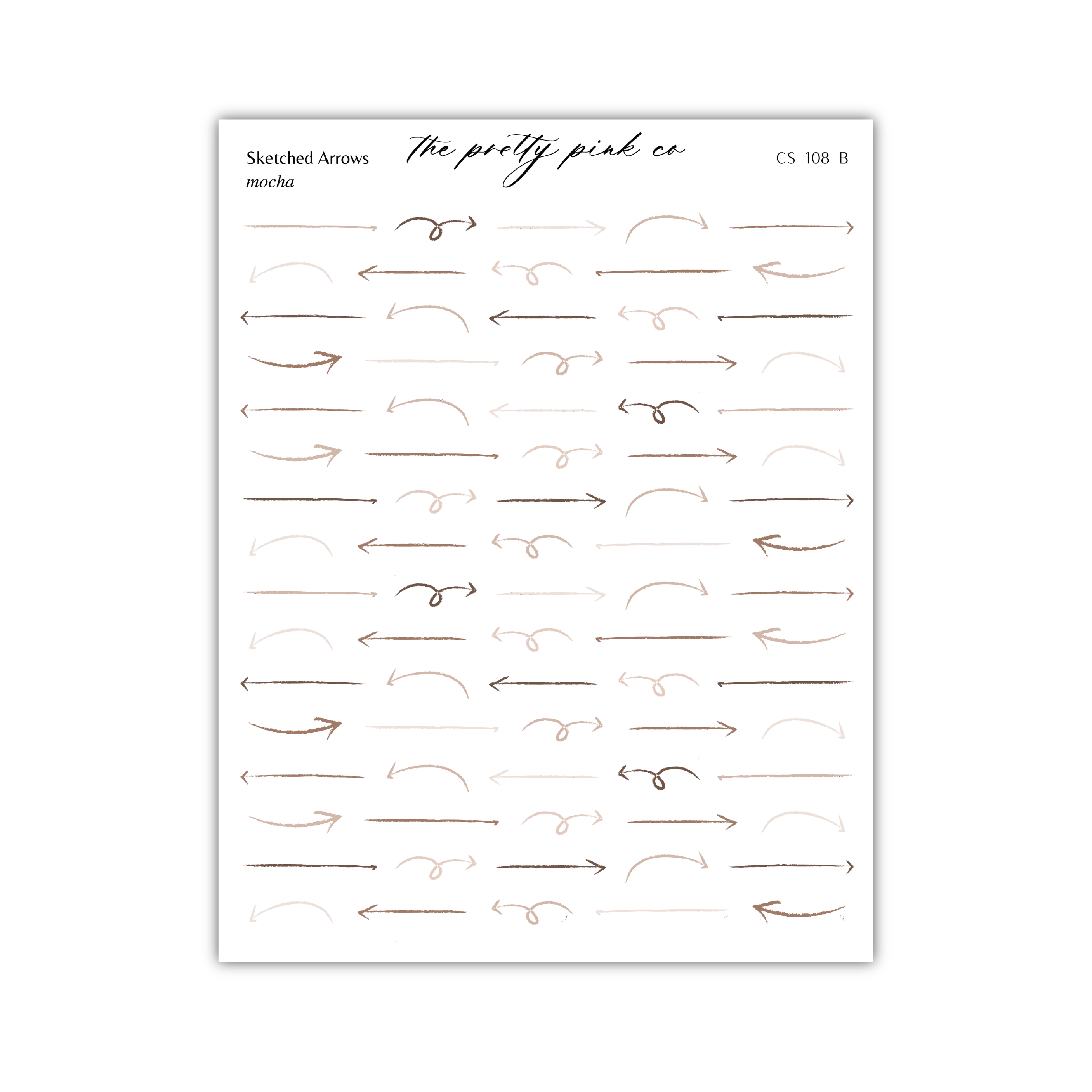 a collection of various arrow drawings, including curved, straight, and zigzag lines, arranged in rows. The text " sketched arrows" and "the pretty pink co" are visible, indicating the content of the image.