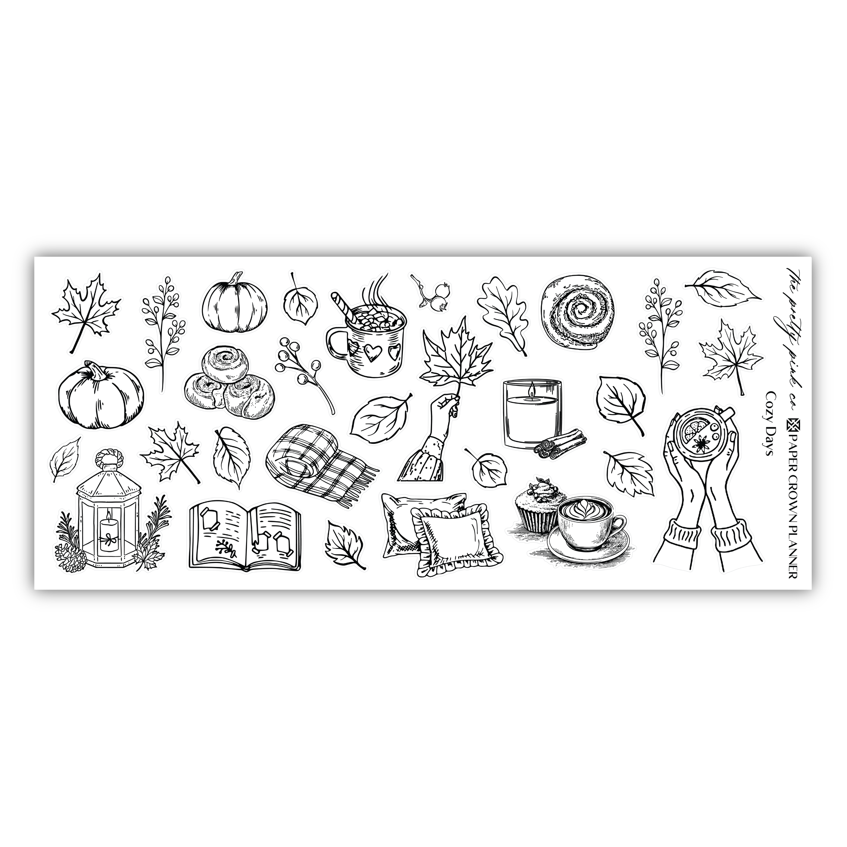 a black and white drawing of autumn items