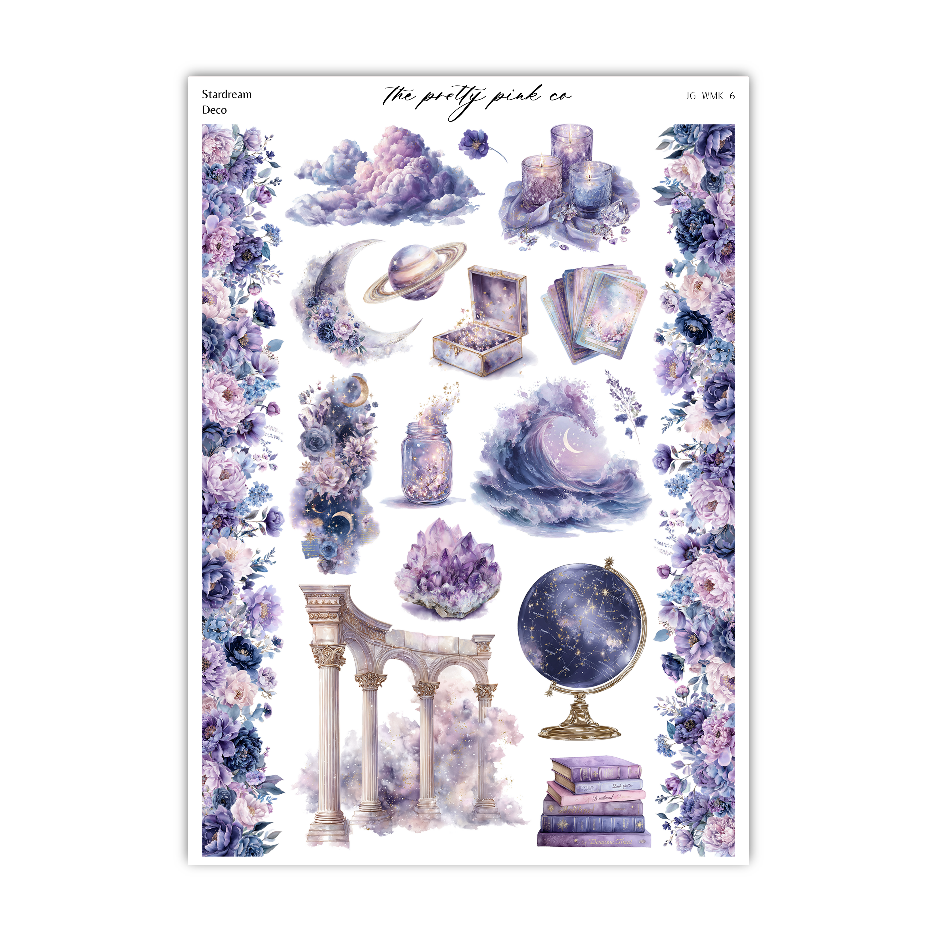 a sheet of stickers with purple flowers and shells