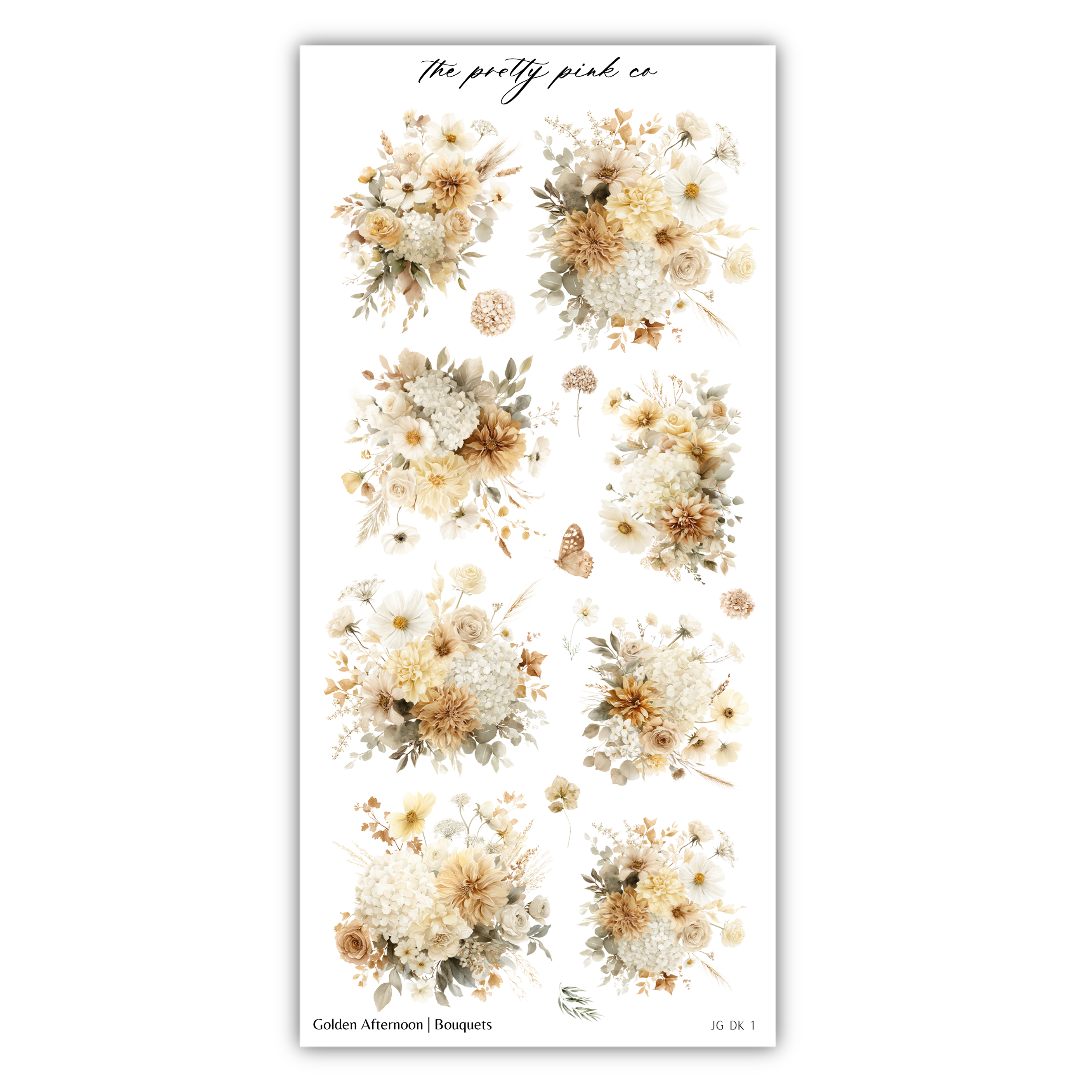 a collection of nine floral arrangements, each with a different arrangement of flowers and foliage. The flowers are predominantly white and beige, with some orange and brown accents. The arrangement appears to be a bouquet, as it is composed of multiple individual flowers. The image does not contain any text, and the floral arrangements are arranged in a grid-like pattern.