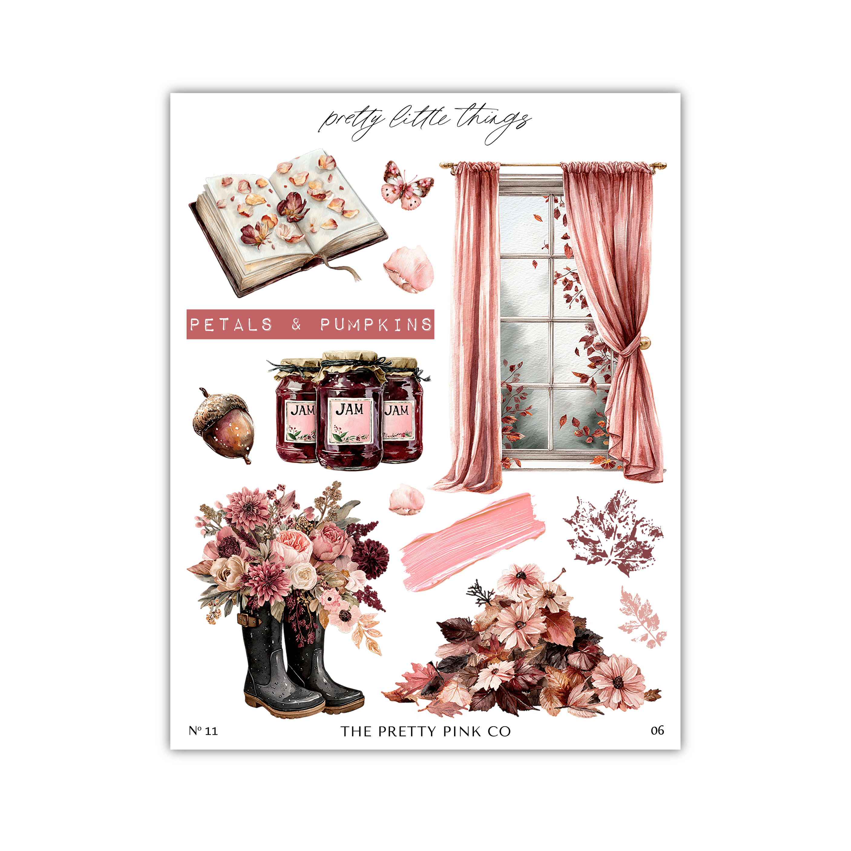 The image is a collage of various items, including a book, a window, flowers, jars, and boots, all rendered in a pink and white color scheme.