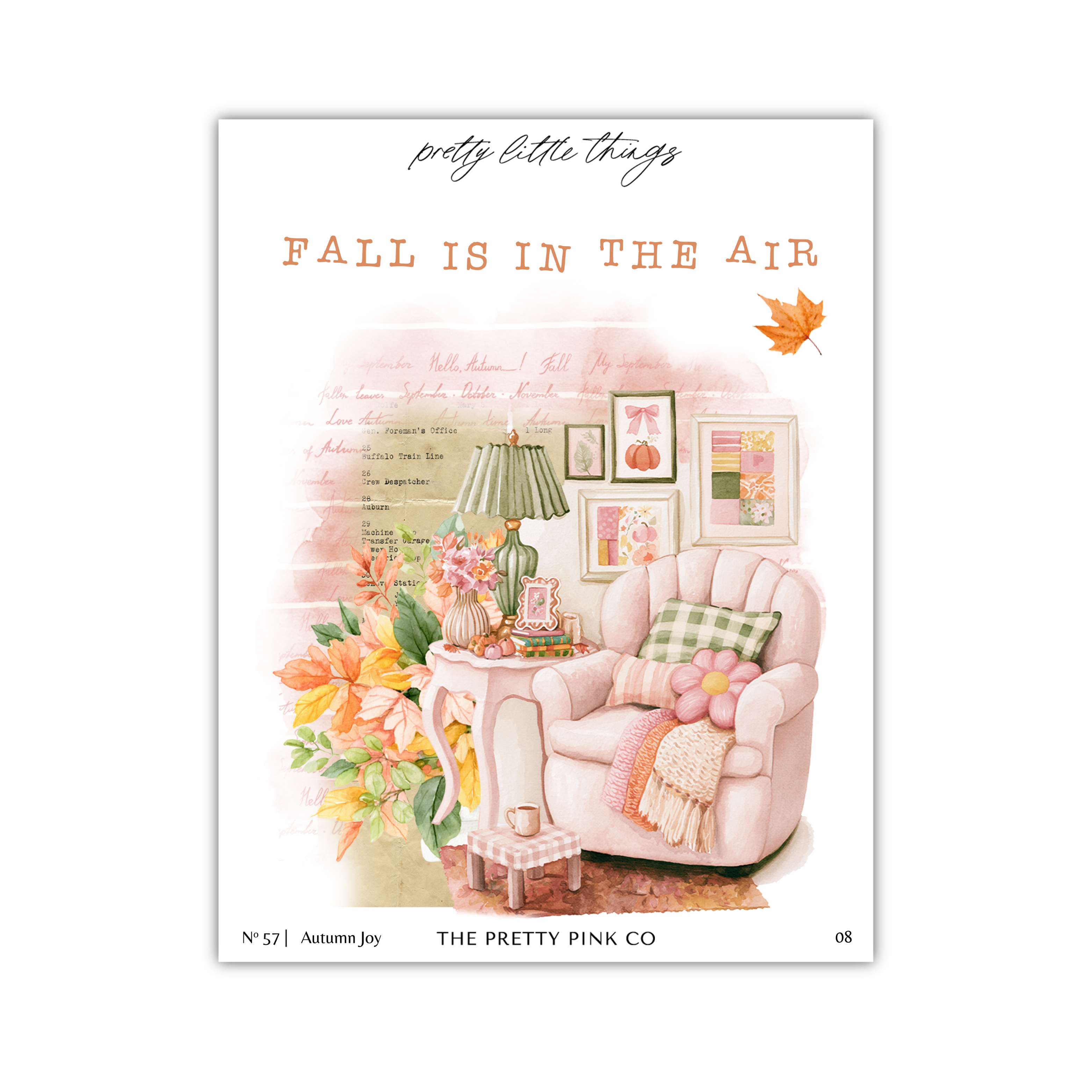 The image is a collage of various fall-themed elements, including a cozy chair, a lamp, a vase of flowers, and a pumpkin. The text "fall is in the air" is prominently displayed, along with the phrase "pretty little things" at the top.