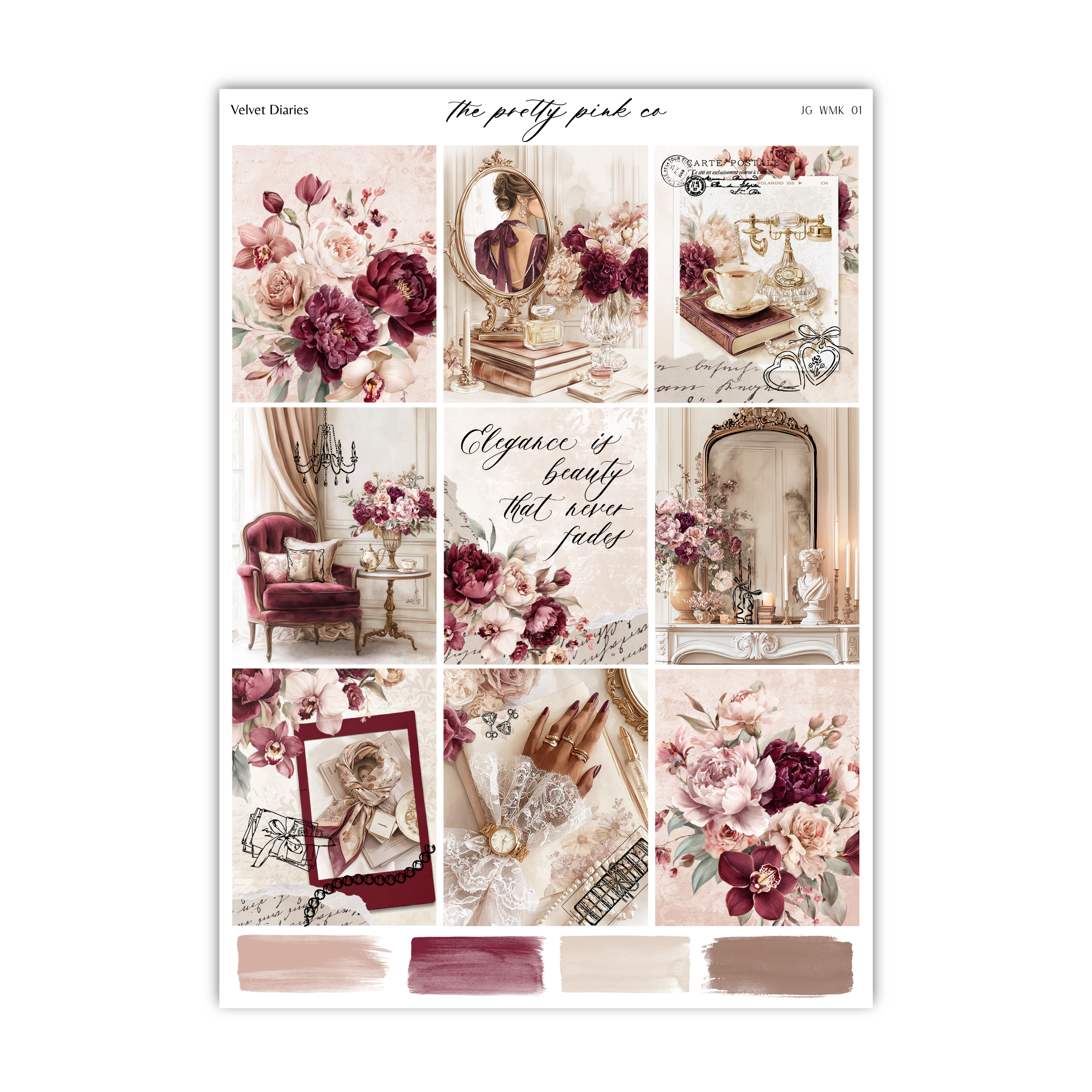 The image is a collage of various images featuring a woman, flowers, and other decorative elements in a pink and white color scheme.