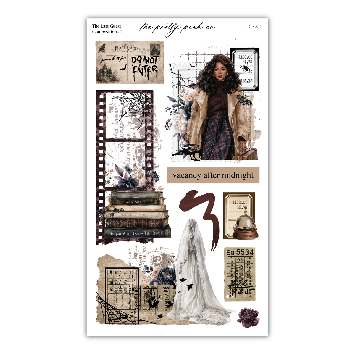 The image is a collage of various elements, including a woman in a long coat, a book, a film reel, a bride, and a clock. The collage appears to be a creative and artistic composition, with a focus on the woman and the book.