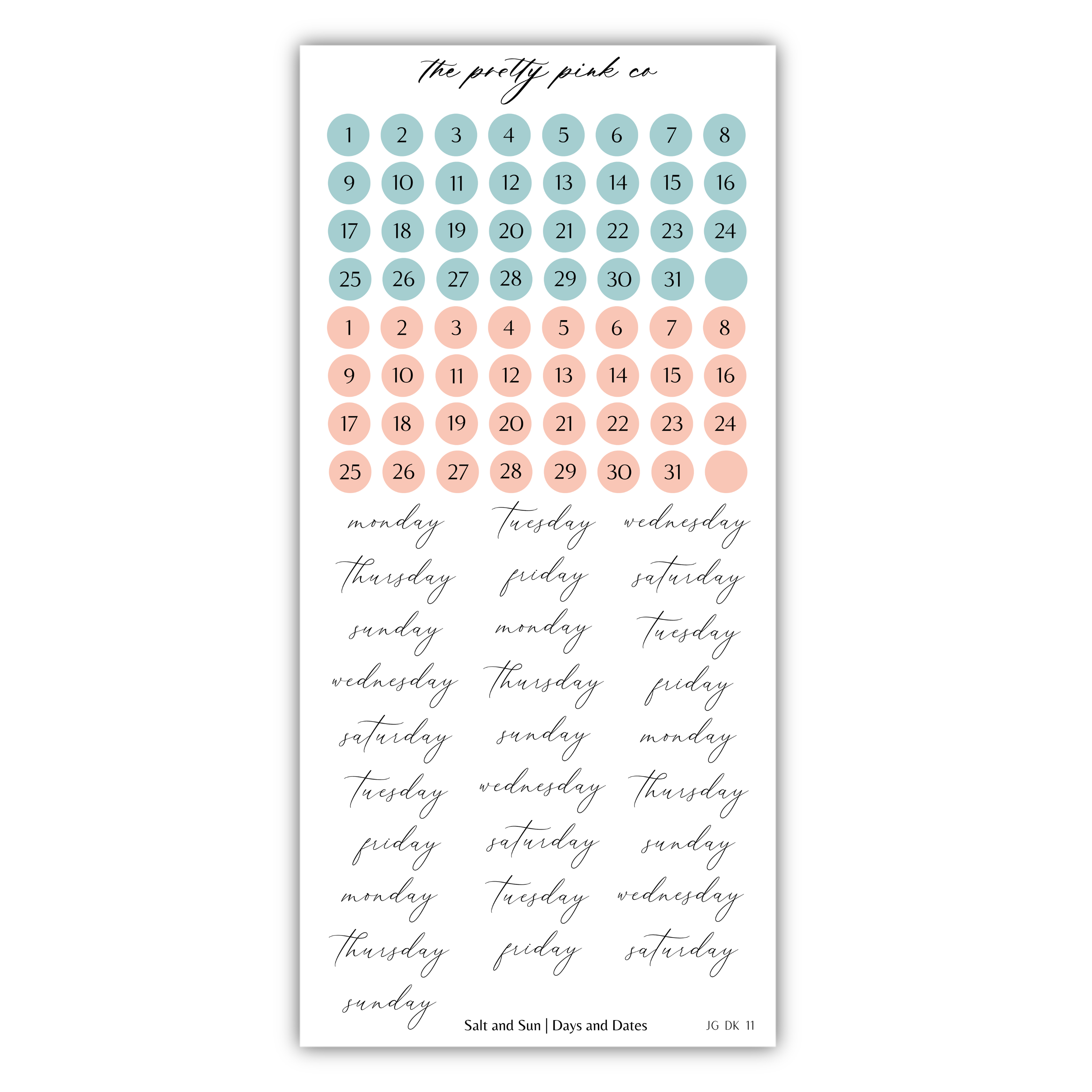 The image is a calendar with a grid of numbered days and a list of days written in cursive.