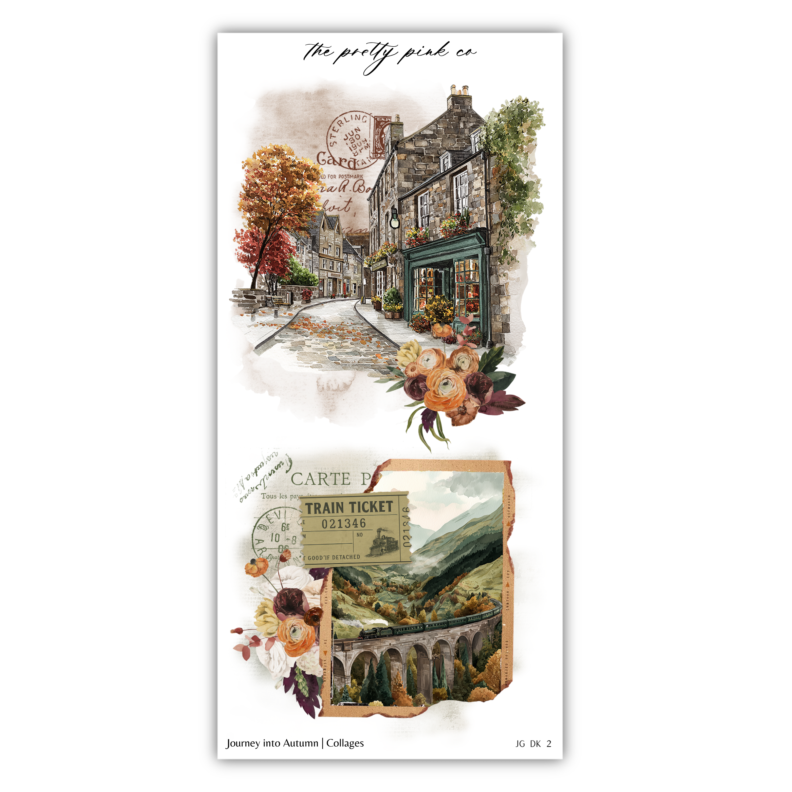 The image is a collage of two pictures depicting a quaint village scene with a train, flowers, and a bridge. The collage includes a vintage train ticket and a scenic landscape.