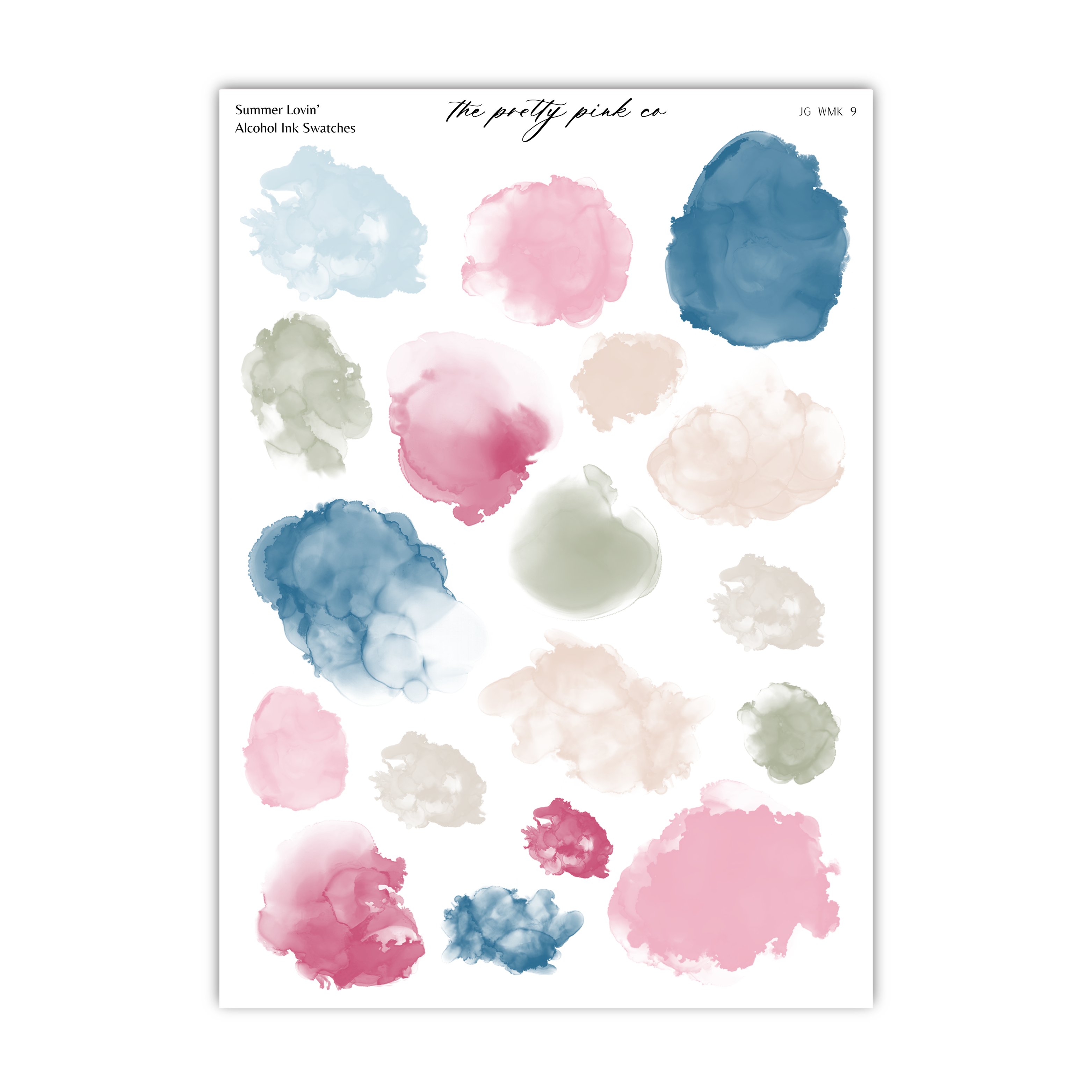 a collection of abstract watercolor brush strokes in various colors, including blue, pink, green, and gray.