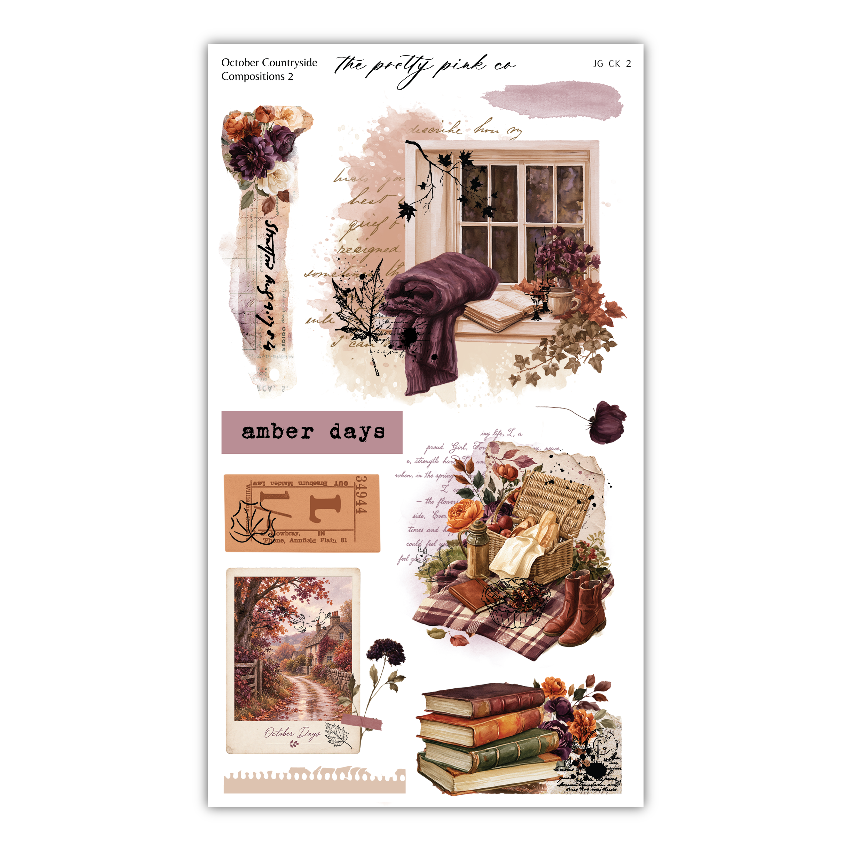 The image is a collage of various autumn-themed elements, including a window, flowers, books, and a basket. The collage is titled "The pretty pink co" and includes text that describes the different elements, such as "Autumn Days", "Autumn Days", "Autumn Days", and "Autumn Days". The collage also includes a small illustration of a path leading through a forest, a stack of books, and a basket filled with flowers.