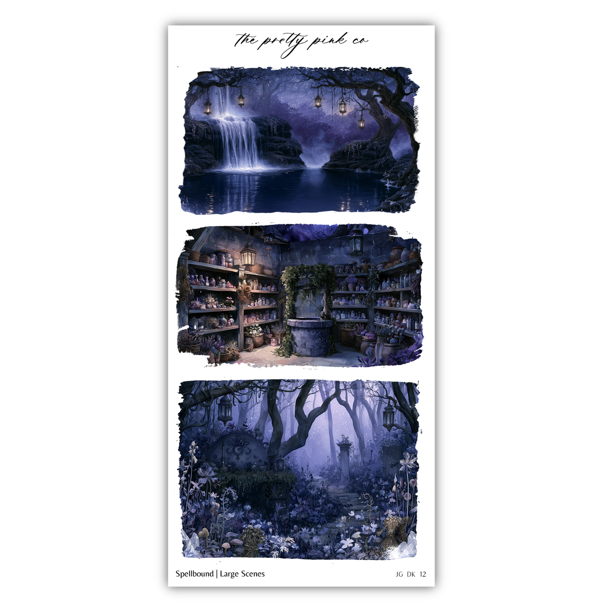 The image is a collage of three different scenes, each depicting a unique and captivating setting. The first scene shows a serene waterfall surrounded by lush greenery, the second scene depicts a cozy, dimly lit room filled with shelves and various items, and the third scene captures a mysterious, dark forest with an eerie atmosphere.