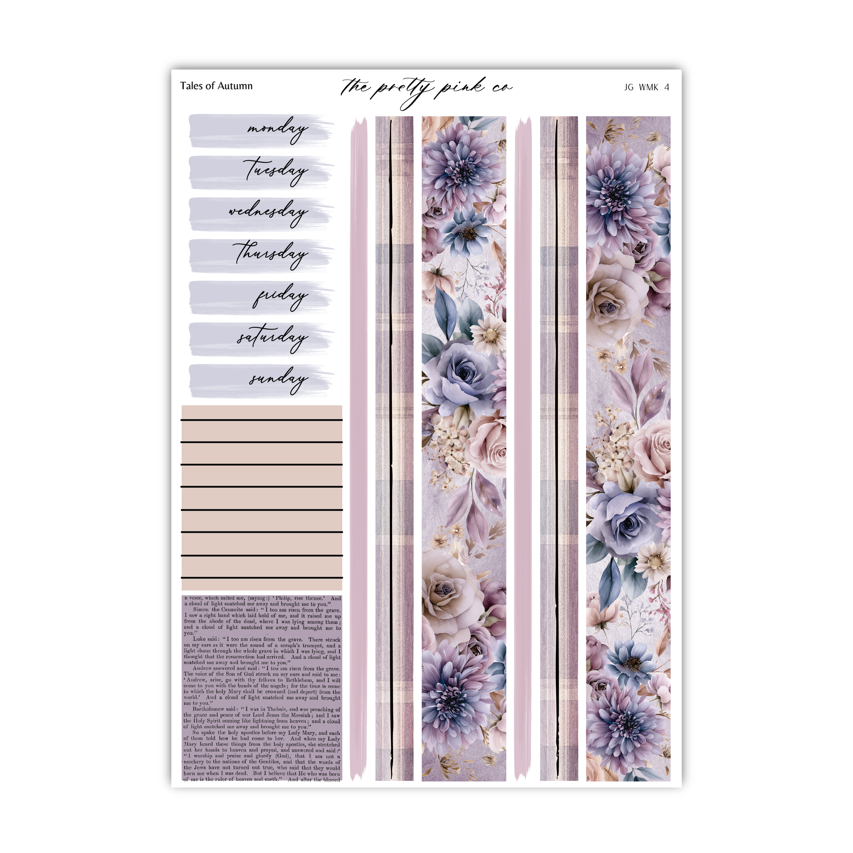 The image is a page from a scrapbook or a printed layout featuring a floral pattern in shades of purple and pink, along with text and a list of days of the week.