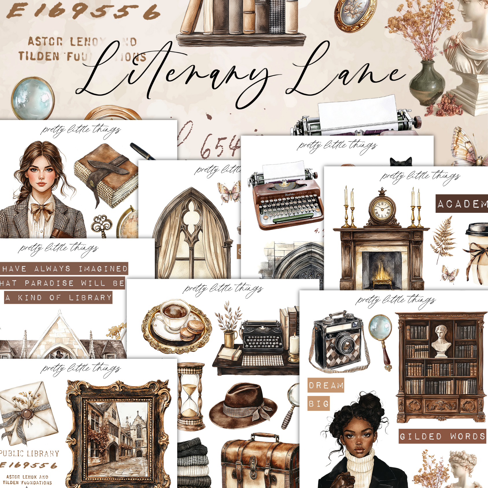 The image is a collage of various illustrations and objects related to literature and reading, including books, typewriters, vases, and other decorative items.
