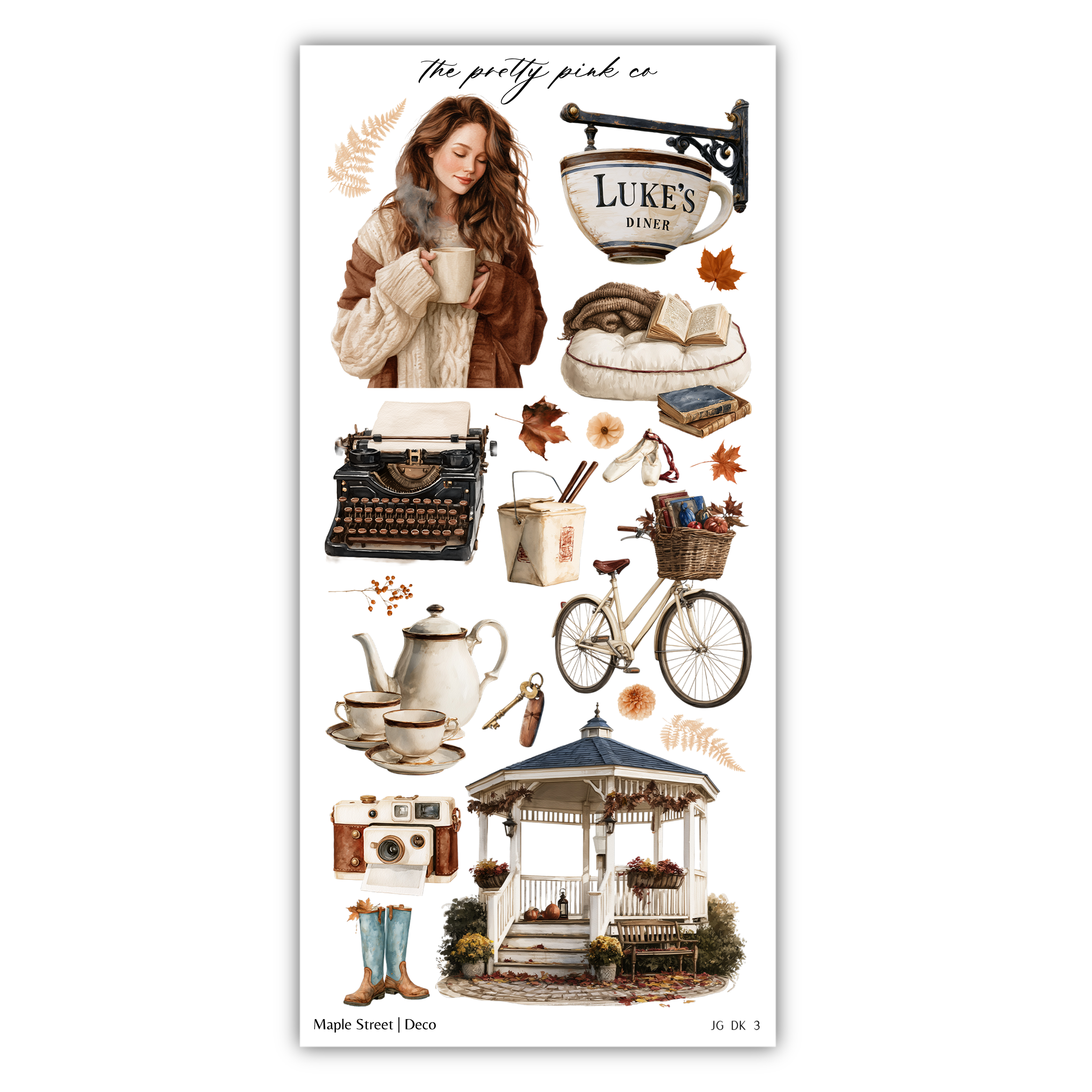 The image is a collage of various objects and scenes, including a woman, a typewriter, a bicycle, a gazebo, and autumn leaves. The collage is titled "The pretty pink co" and features a woman holding a cup, a typewriter, a bicycle, a gazebo, and autumn leaves.