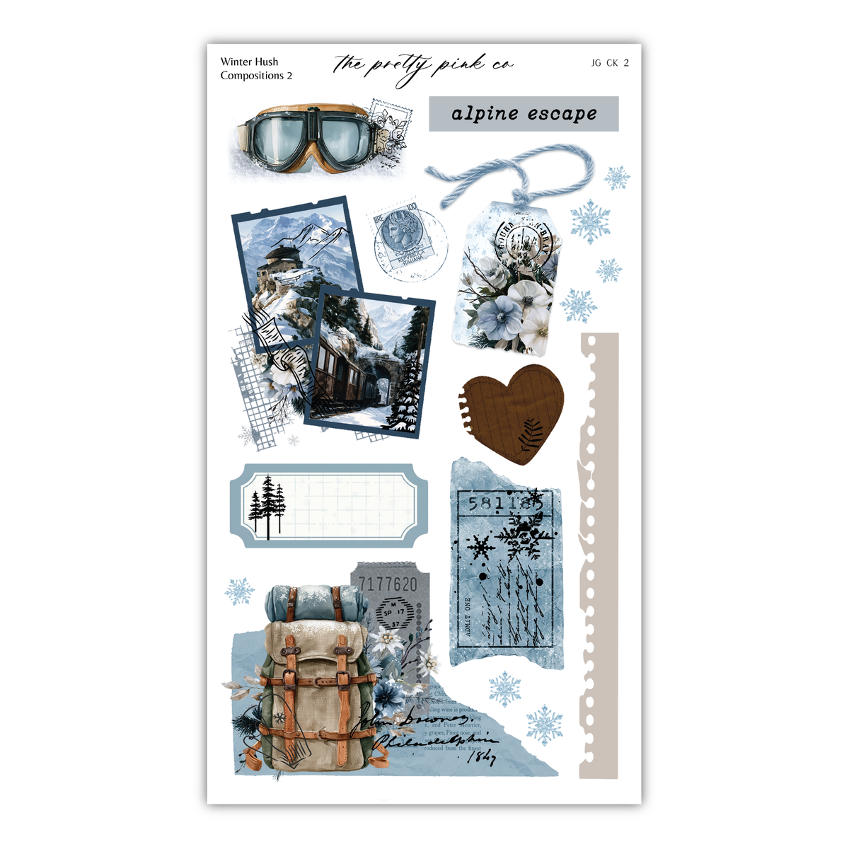 The image is a collage of various winter-themed elements, including ski goggles, a backpack, snowflakes, and a heart. The collage appears to be a creative and artistic representation of winter activities and emotions.
