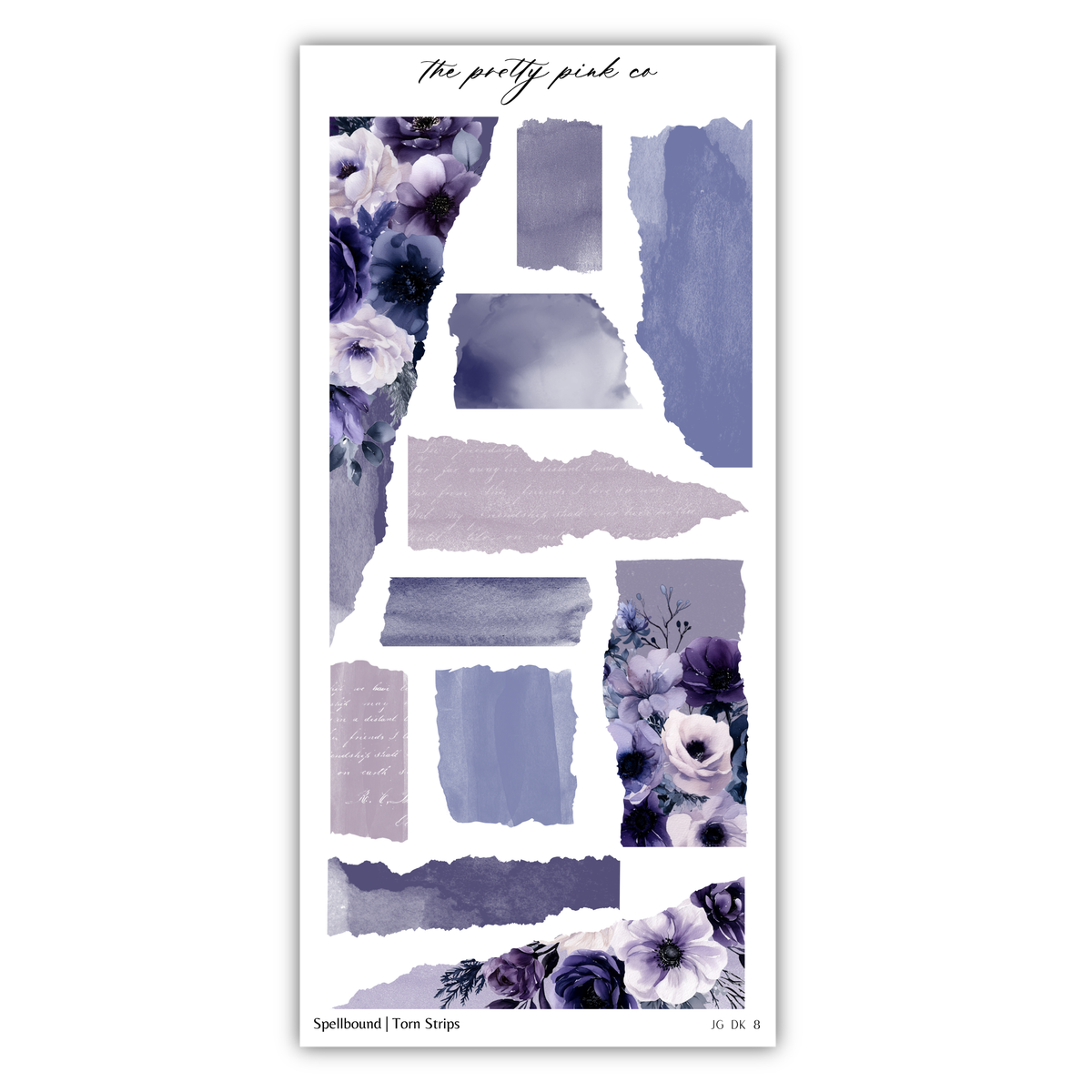 The image is a collage of various purple and white floral elements, including flowers and torn strips, arranged in a visually appealing manner.