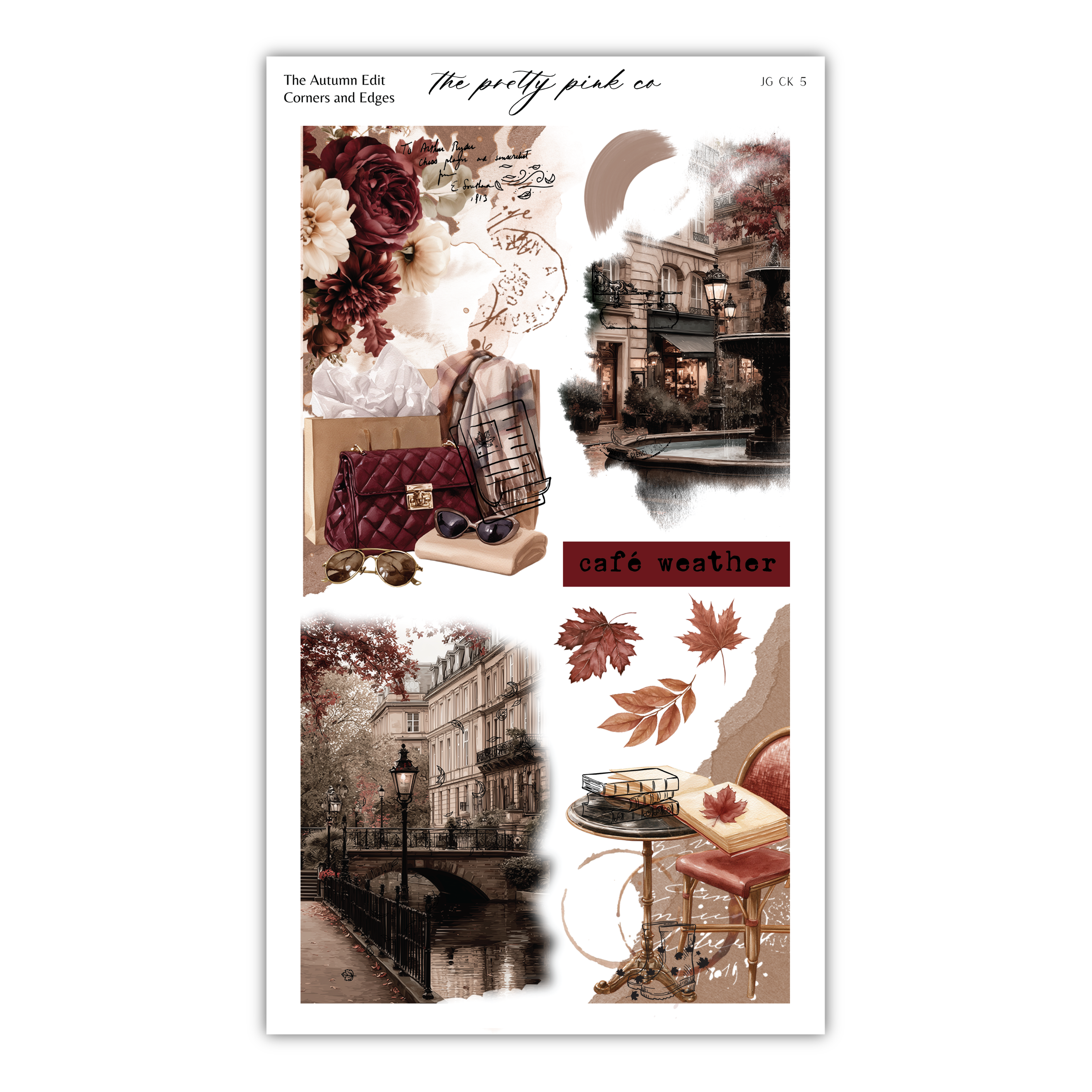 The image is a collage of various autumn-themed elements, including flowers, a cafe, and a bridge.