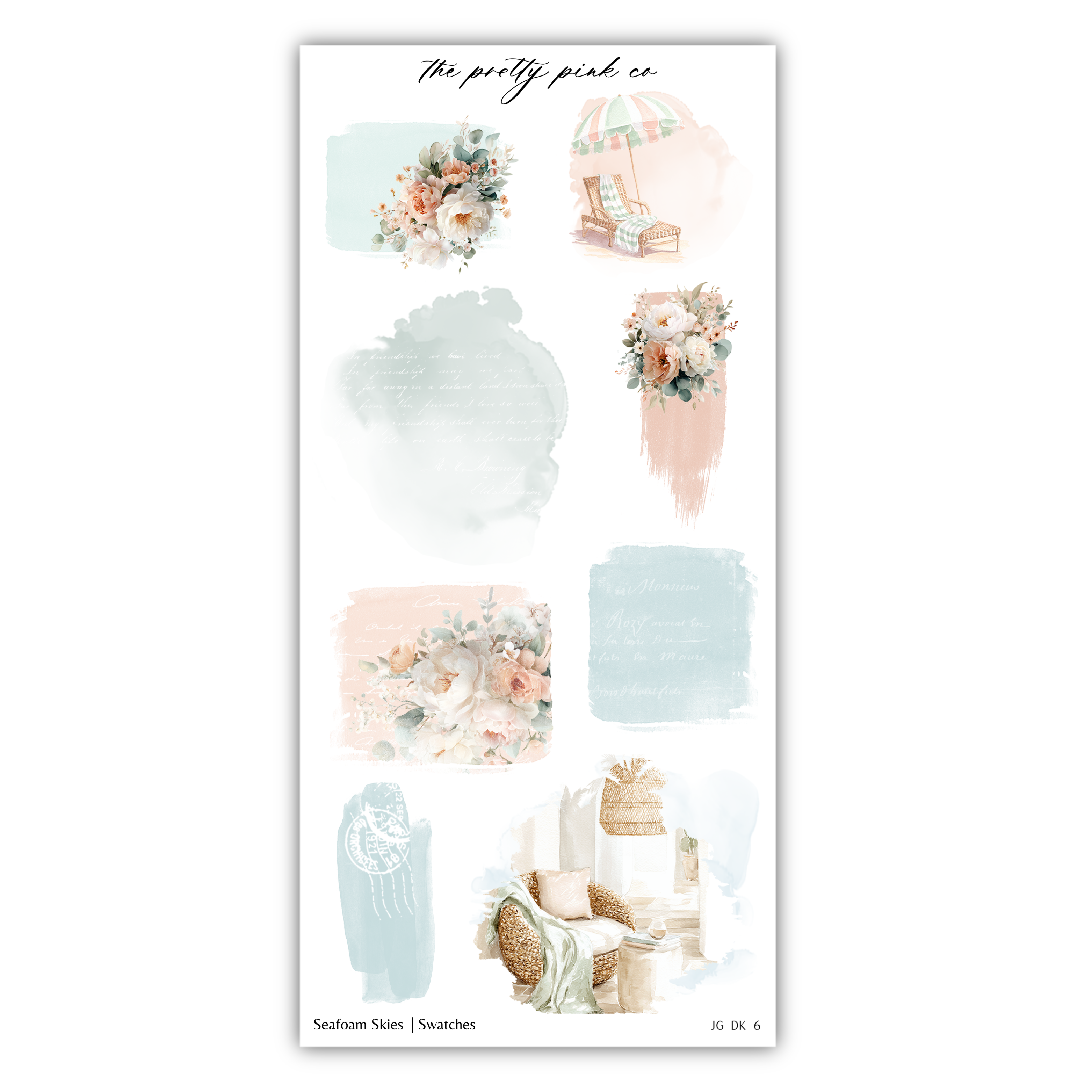 various watercolor-style illustrations of floral and beach-themed elements, including flowers, a beach chair, and a seascape.