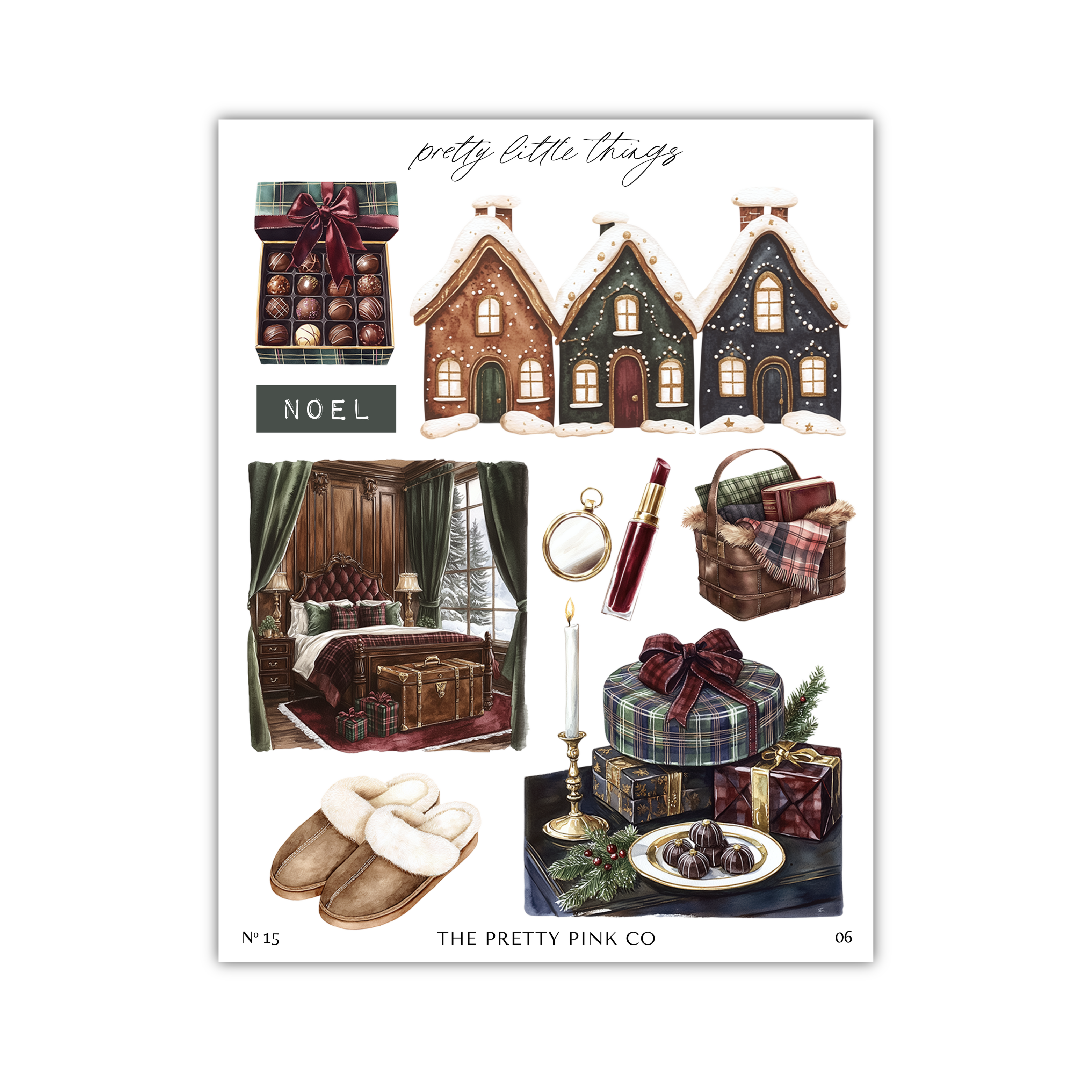 The image is a collage of various Christmas-themed items, including a snow-covered house, a cozy bedroom, a basket of presents, and other festive decorations.