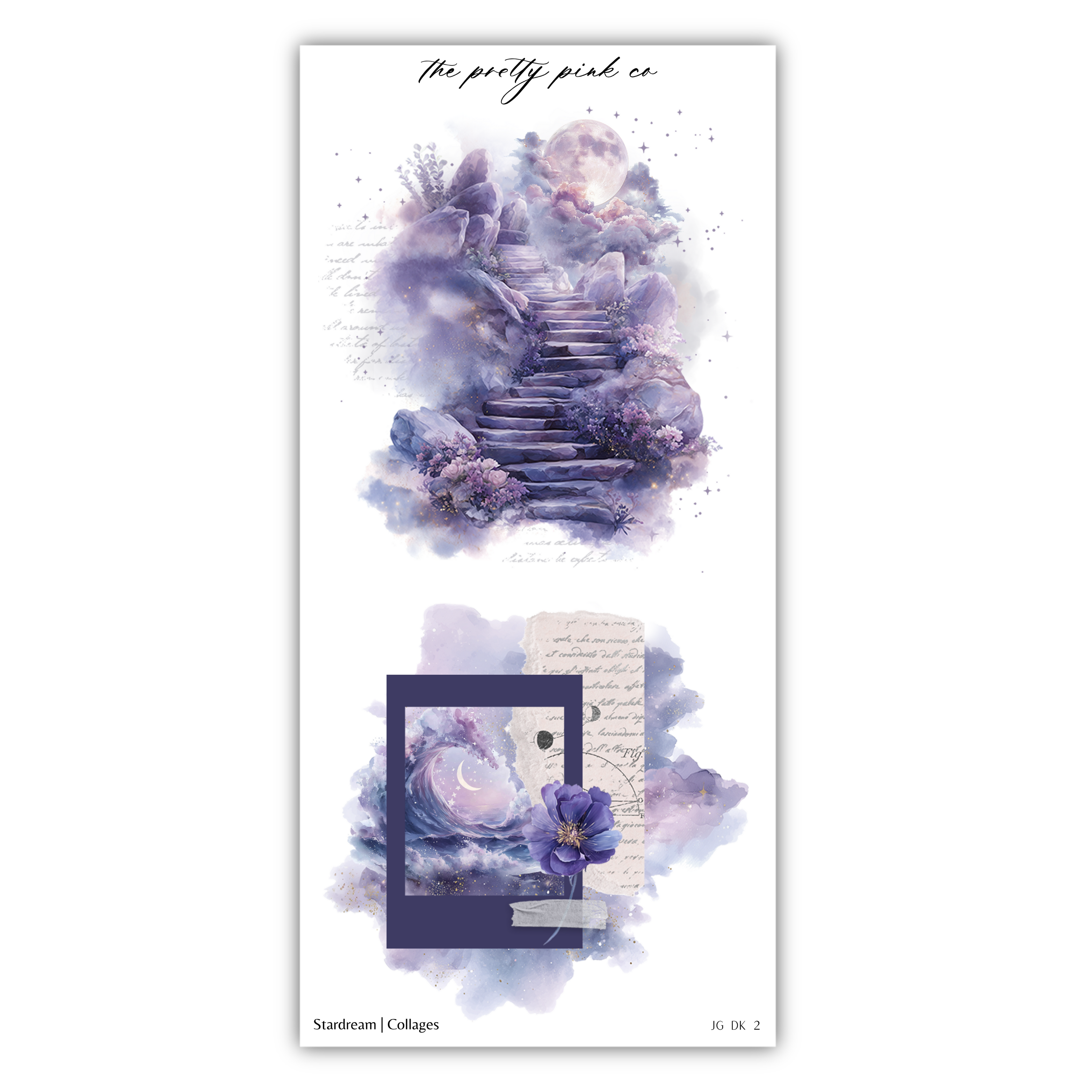 The image is a collage of various artistic elements, including a staircase leading to a moonlit landscape, a purple flower, and a handwritten note. The collage is titled "The pretty pink co" and includes the text "Stardrome / Collages" at the bottom.