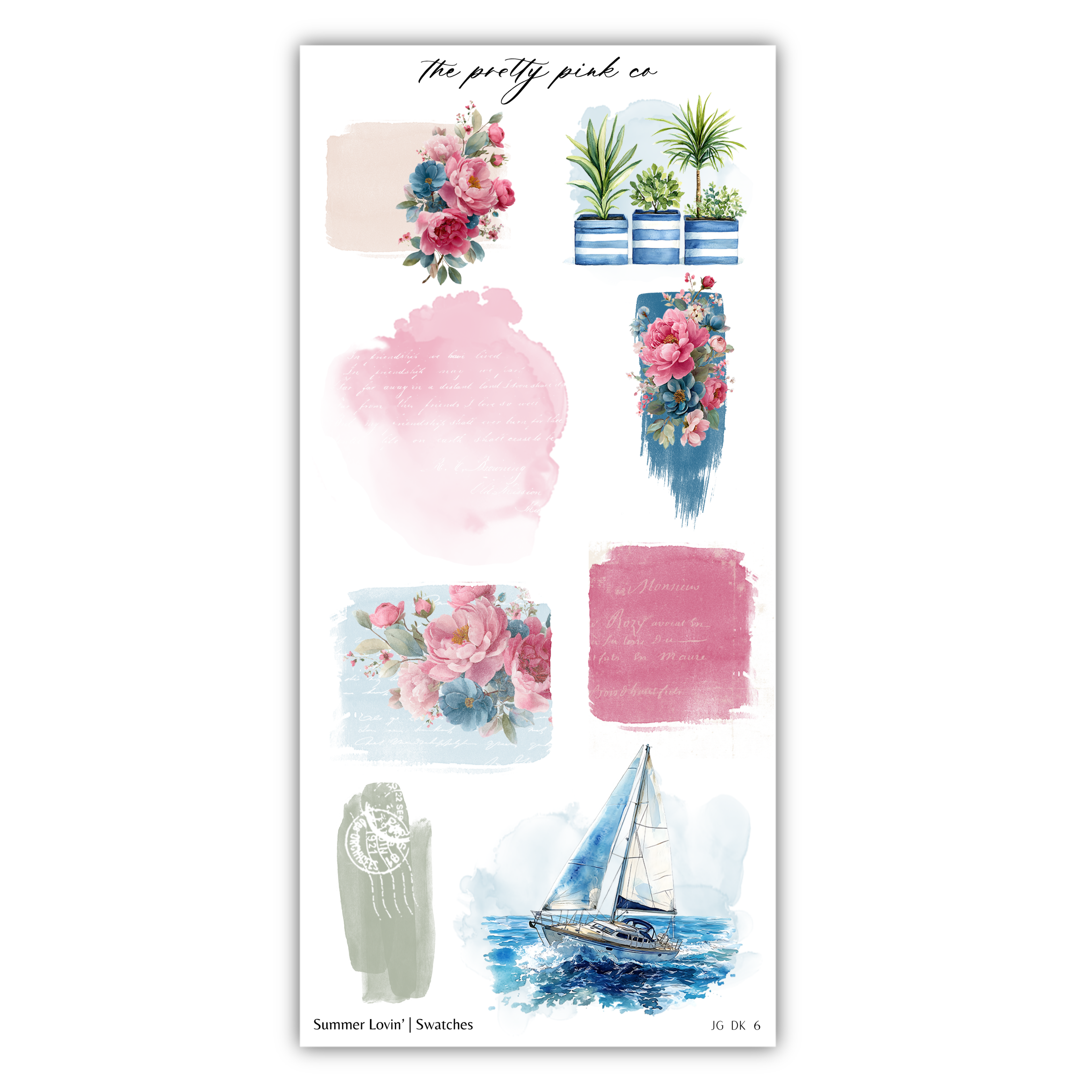 various watercolor-style illustrations, including flowers, a sailboat, and other decorative elements. The text "Summer Lovin' / Swatches" is visible, suggesting that these images are part of a collection or series.