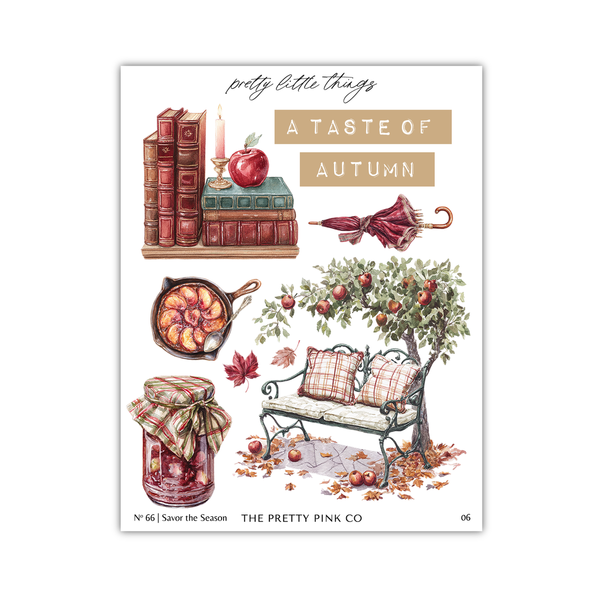 The image is a collage of various autumn-themed items, including books, apples, a tree, a bench, a jar, and a candle.