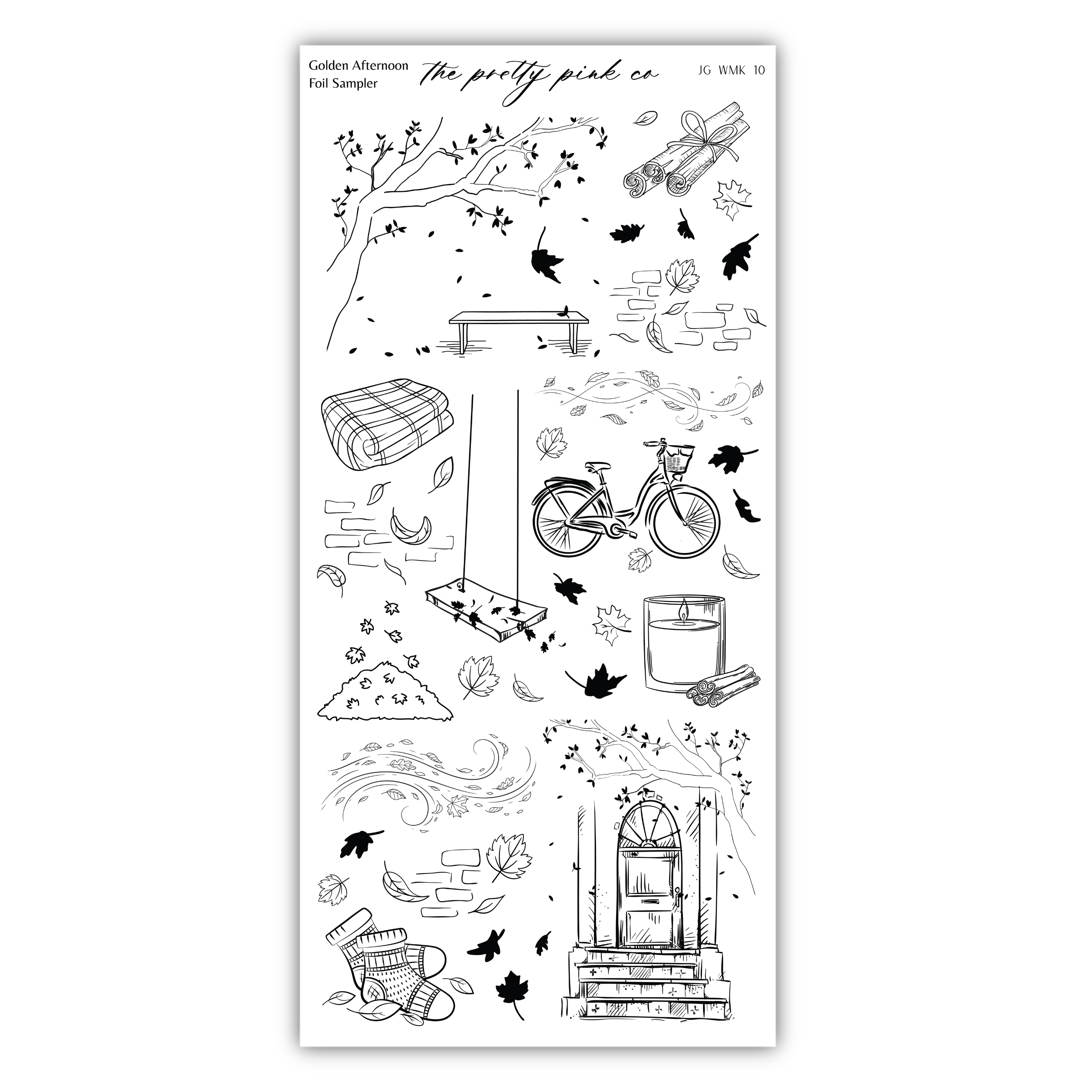 various hand-drawn illustrations and objects, including a bicycle, a bird, a tree, leaves, and other seasonal elements, all depicted in a black and white style.