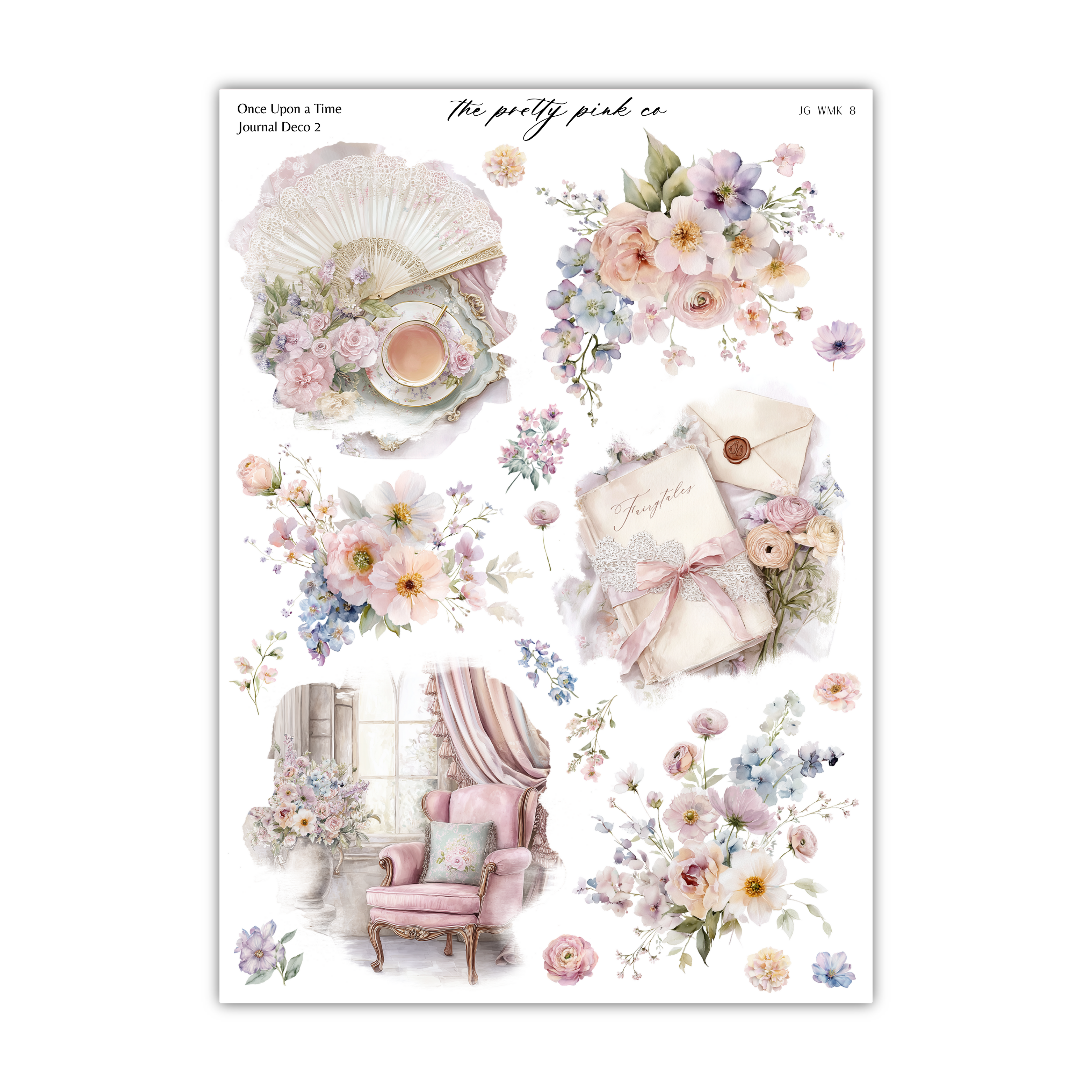 The image is a collage of various floral and decorative elements, including flowers, a fan, a teacup, a book, and a chair, all set against a white background.