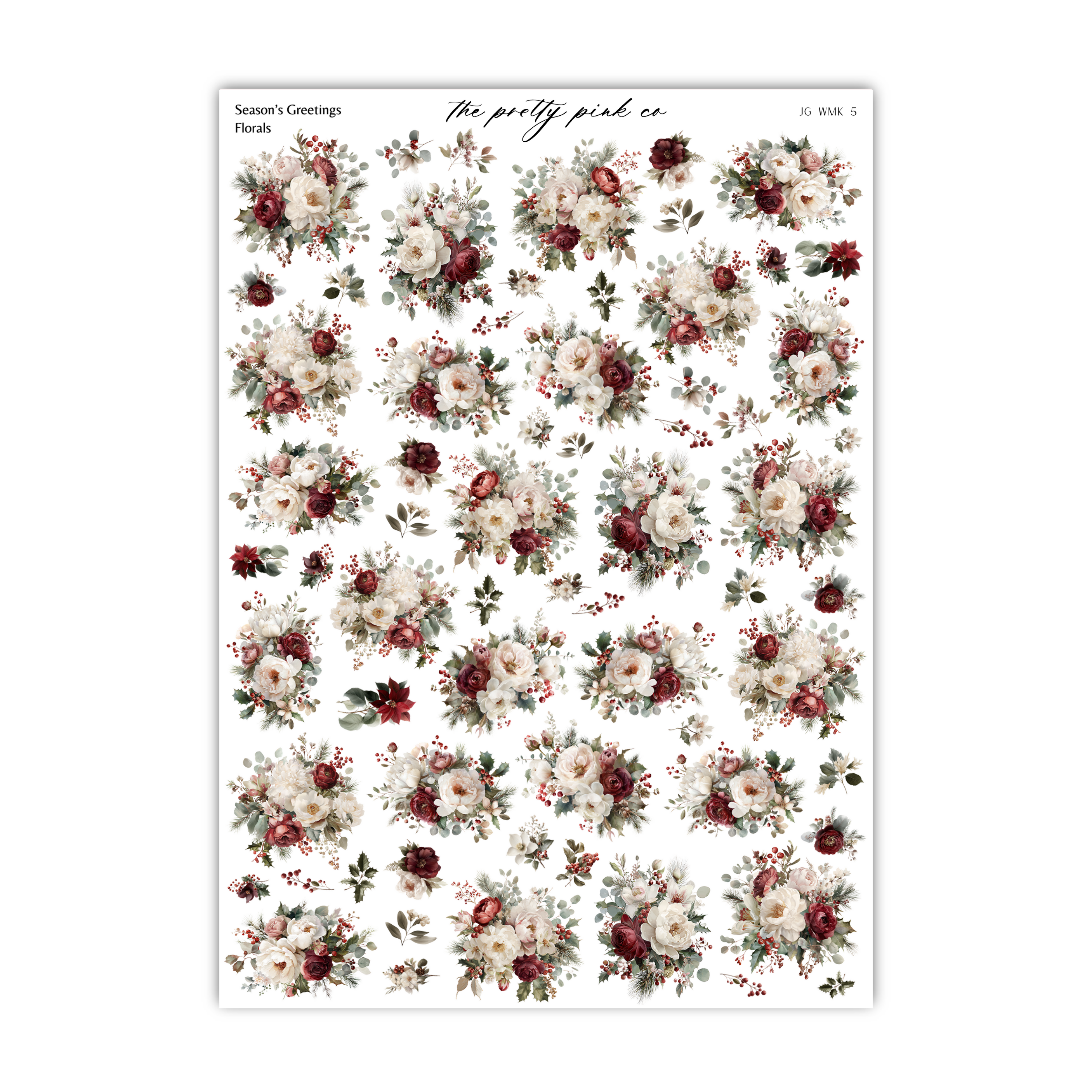 a collage of various floral arrangements, including white and burgundy flowers, along with greenery and leaves. The arrangement appears to be a collection of different types of flowers, possibly for a seasonal greeting or holiday decoration.